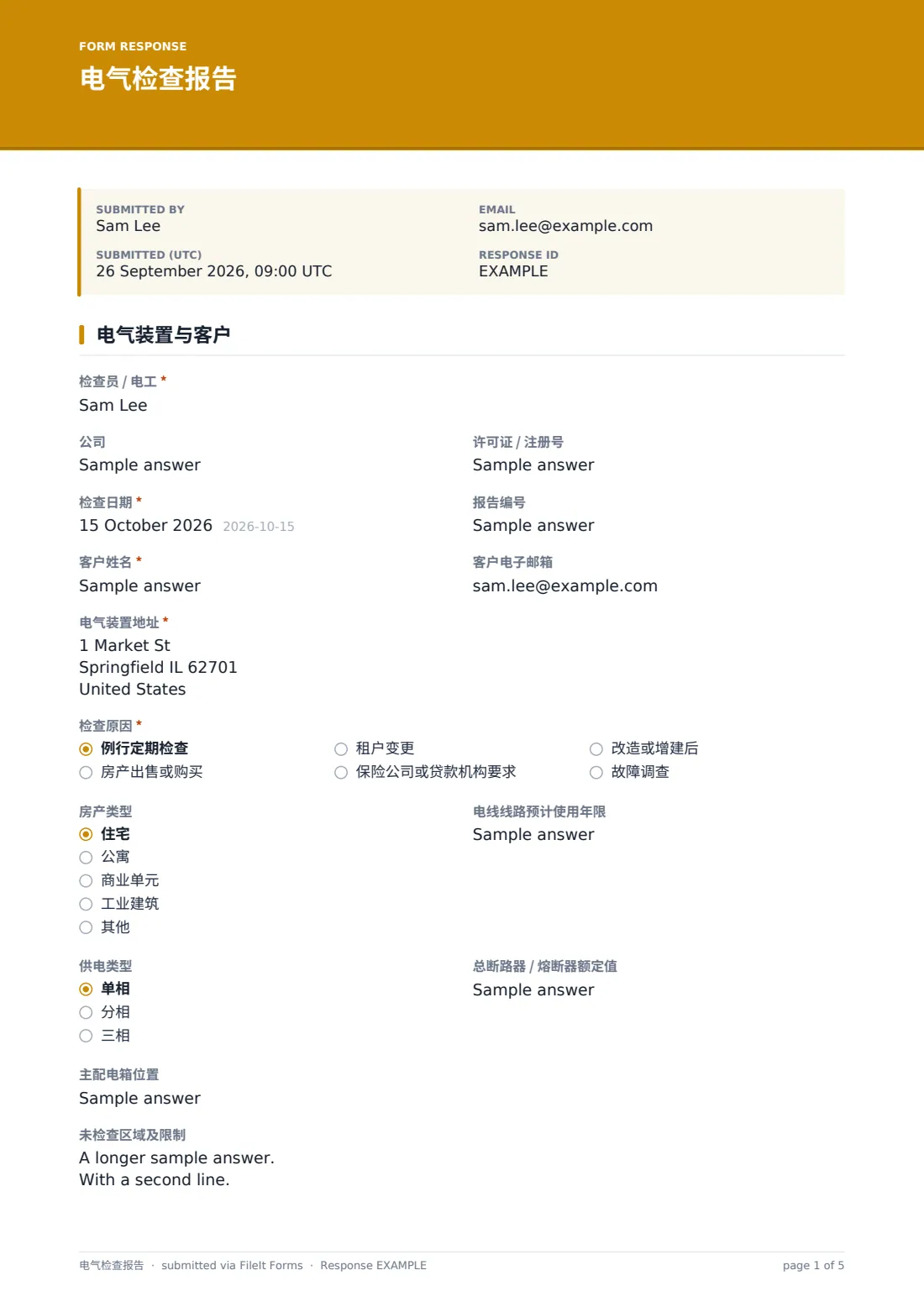 电气检查报告 — 示例回复 PDF，第 1 页，共 5 页