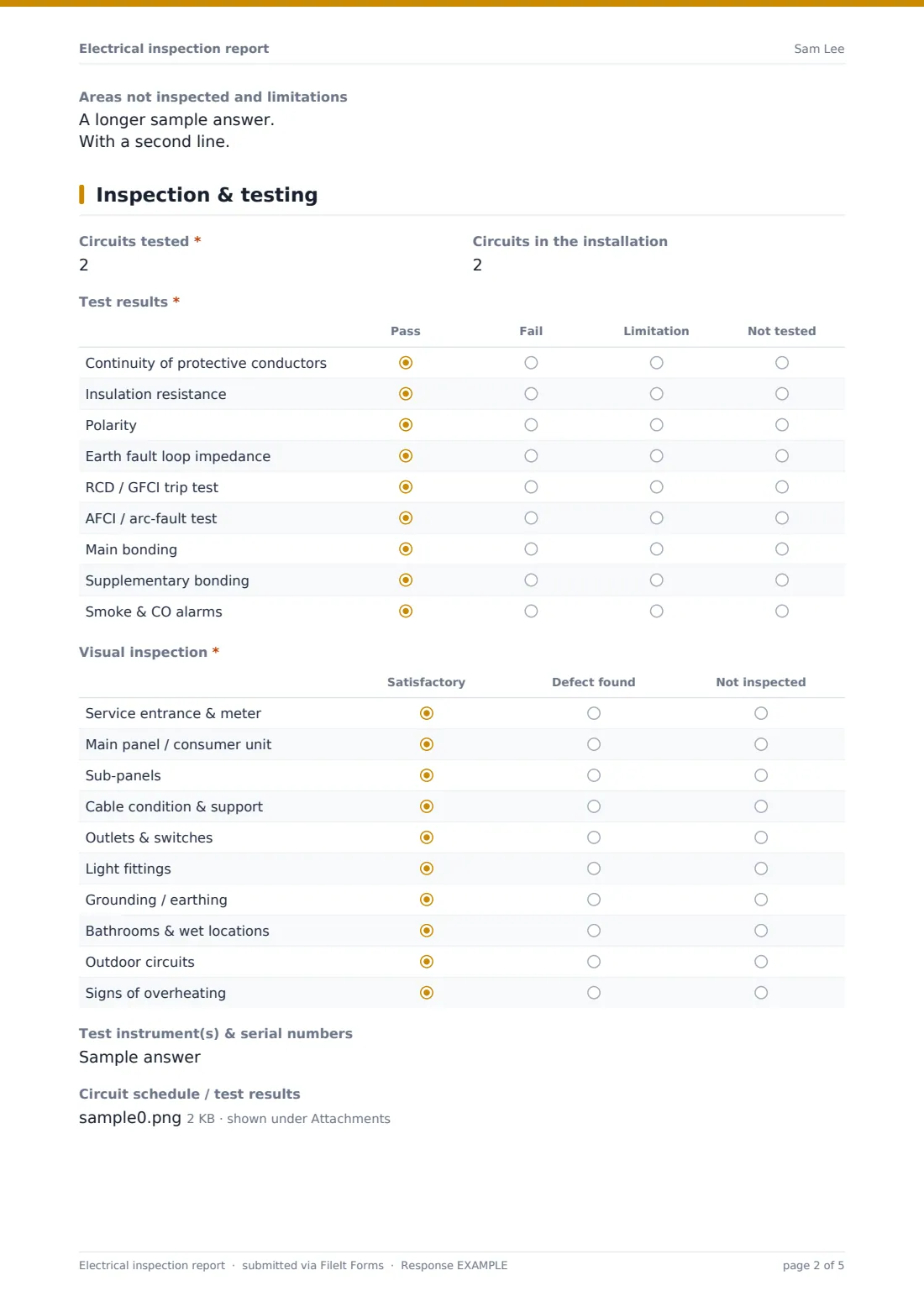 Electrical inspection report — example response PDF, page 2 of 5