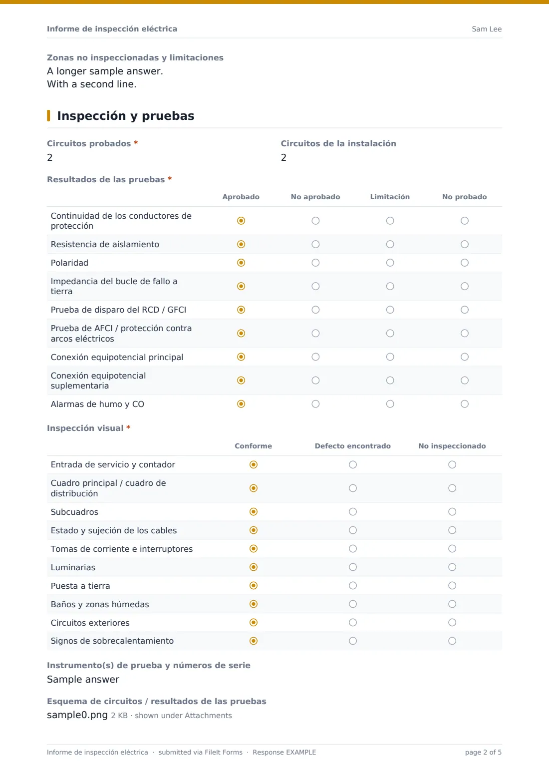 Informe de inspección eléctrica — PDF de respuesta de ejemplo, página 2 de 5