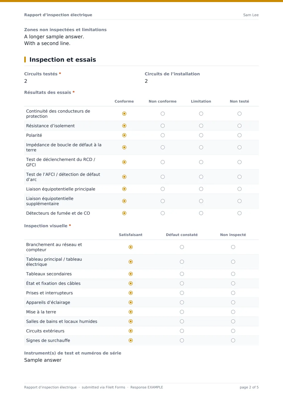 Rapport d’inspection électrique — exemple de réponse au format PDF, page 2 sur 5
