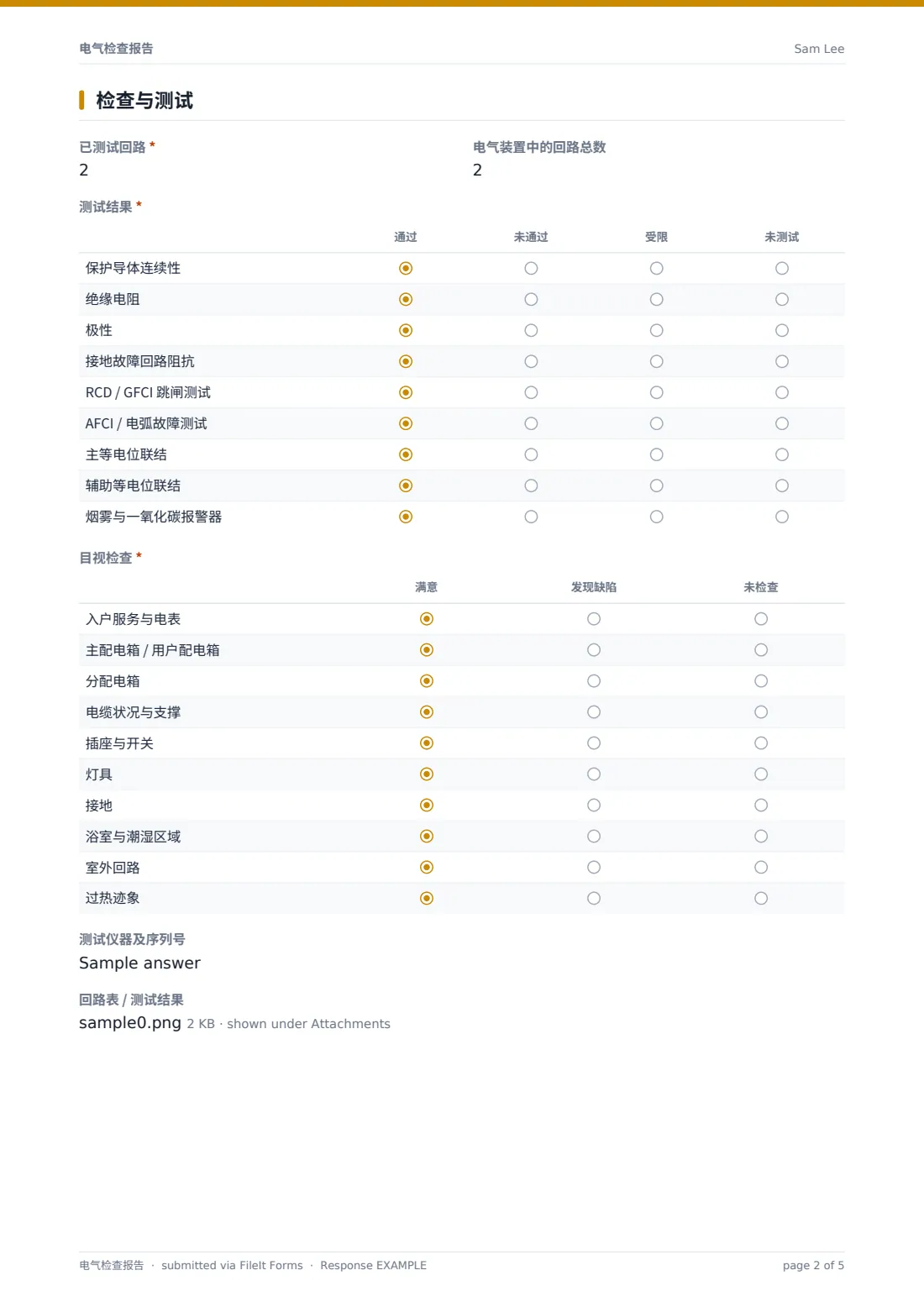 电气检查报告 — 示例回复 PDF，第 2 页，共 5 页