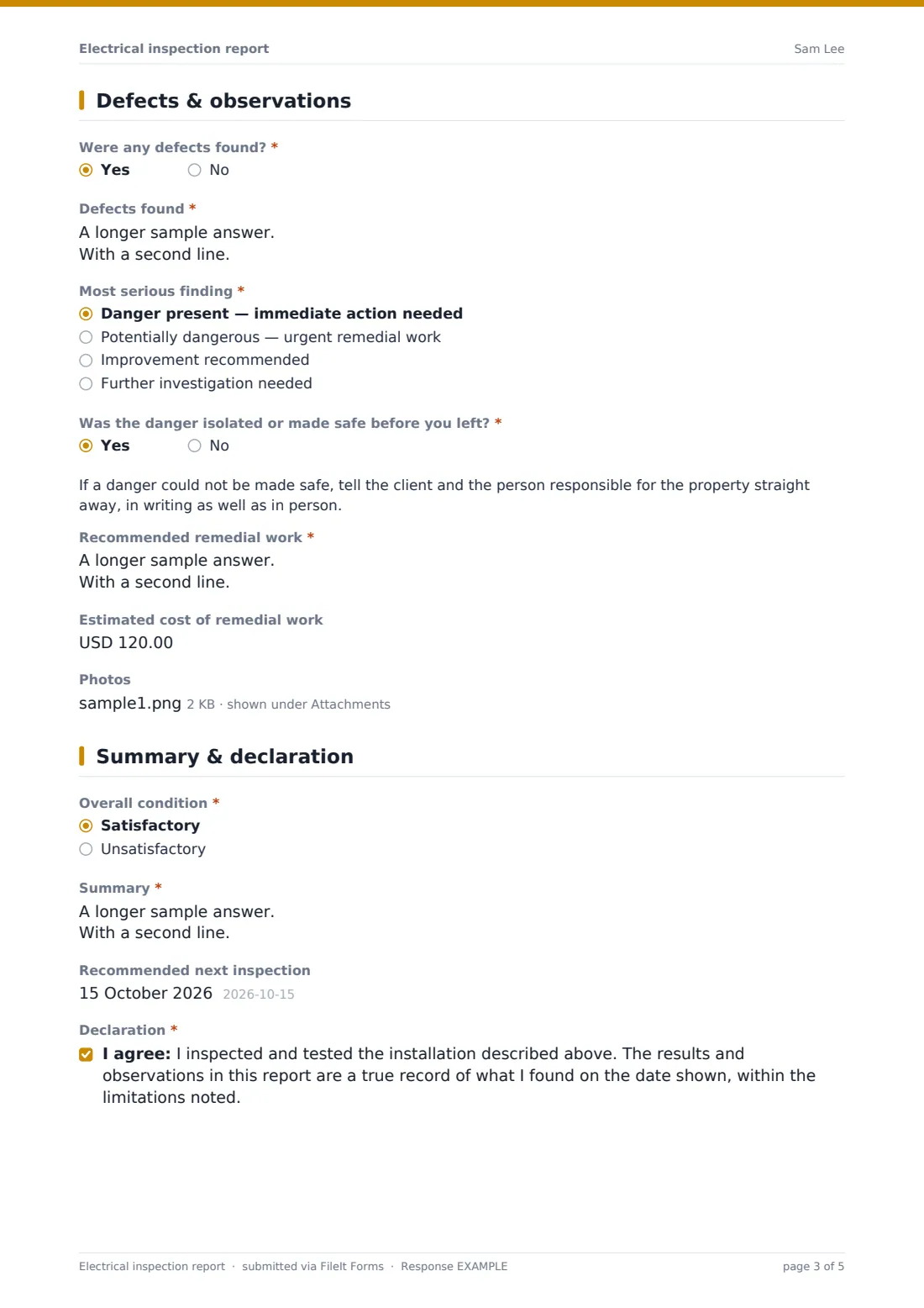 Electrical inspection report — example response PDF, page 3 of 5