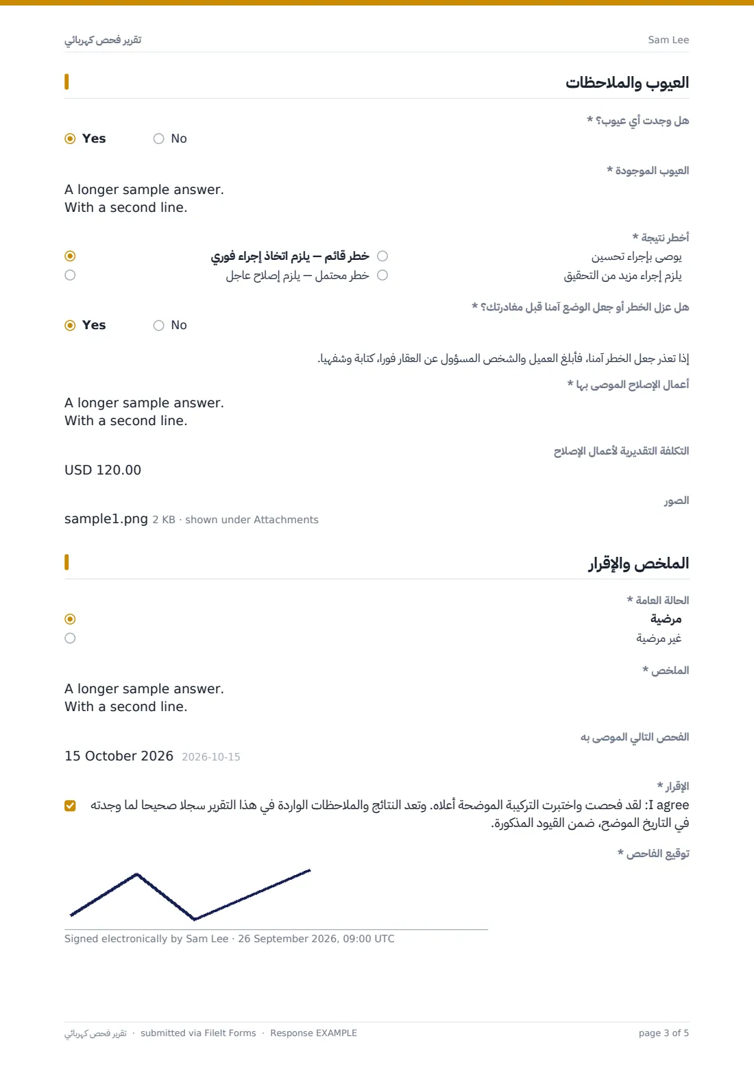 تقرير فحص كهربائي — ملف PDF لرد نموذجي، الصفحة 3 من 5