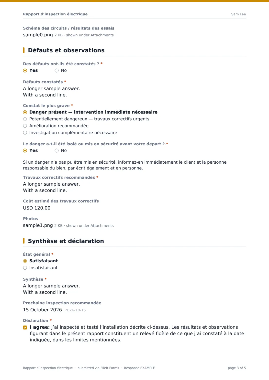 Rapport d’inspection électrique — exemple de réponse au format PDF, page 3 sur 5
