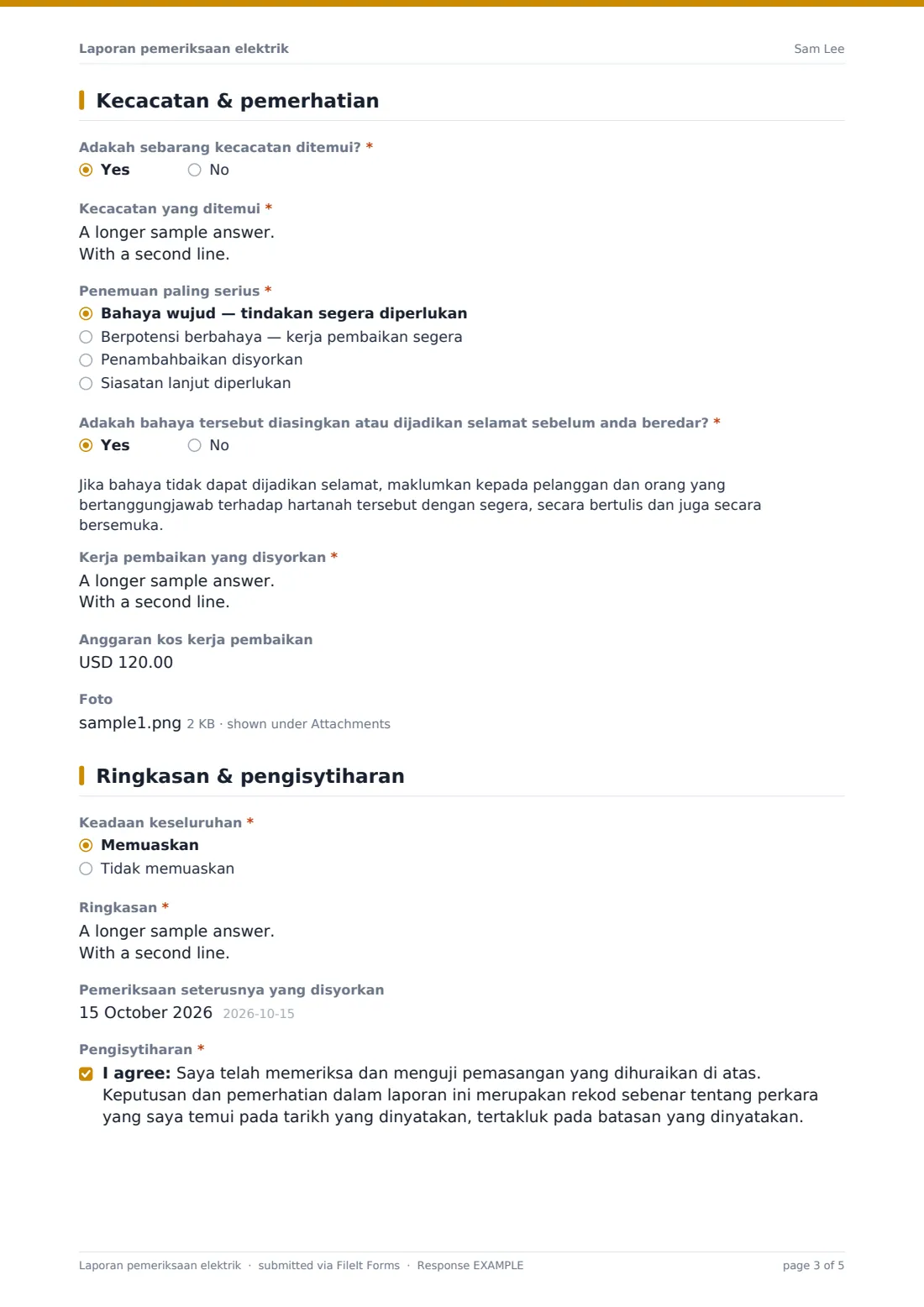 Laporan pemeriksaan elektrik — PDF respons contoh, halaman 3 daripada 5