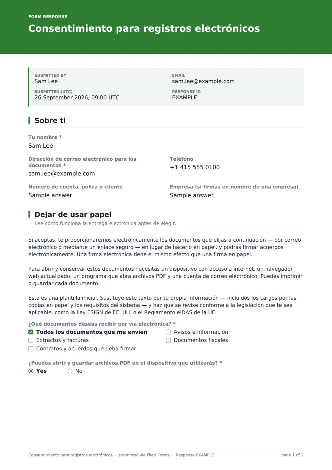 Consentimiento para registros electrónicos — PDF de respuesta de ejemplo, página 1 de 2