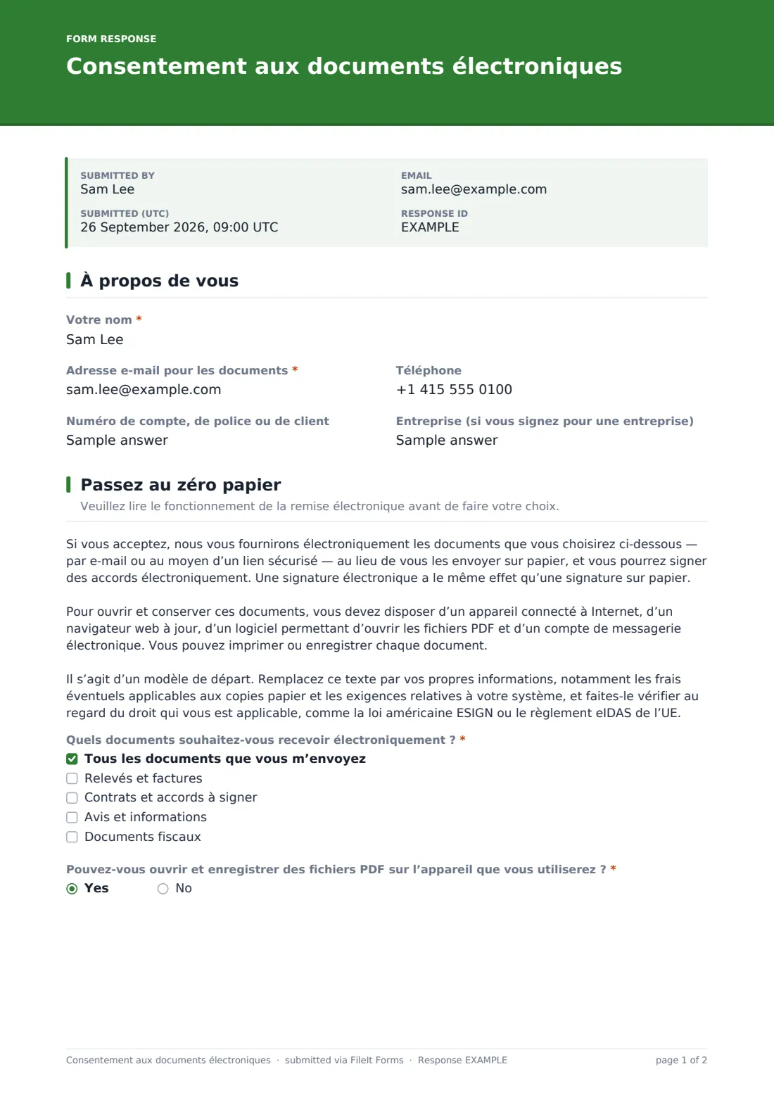 Consentement aux documents électroniques — exemple de réponse au format PDF, page 1 sur 2