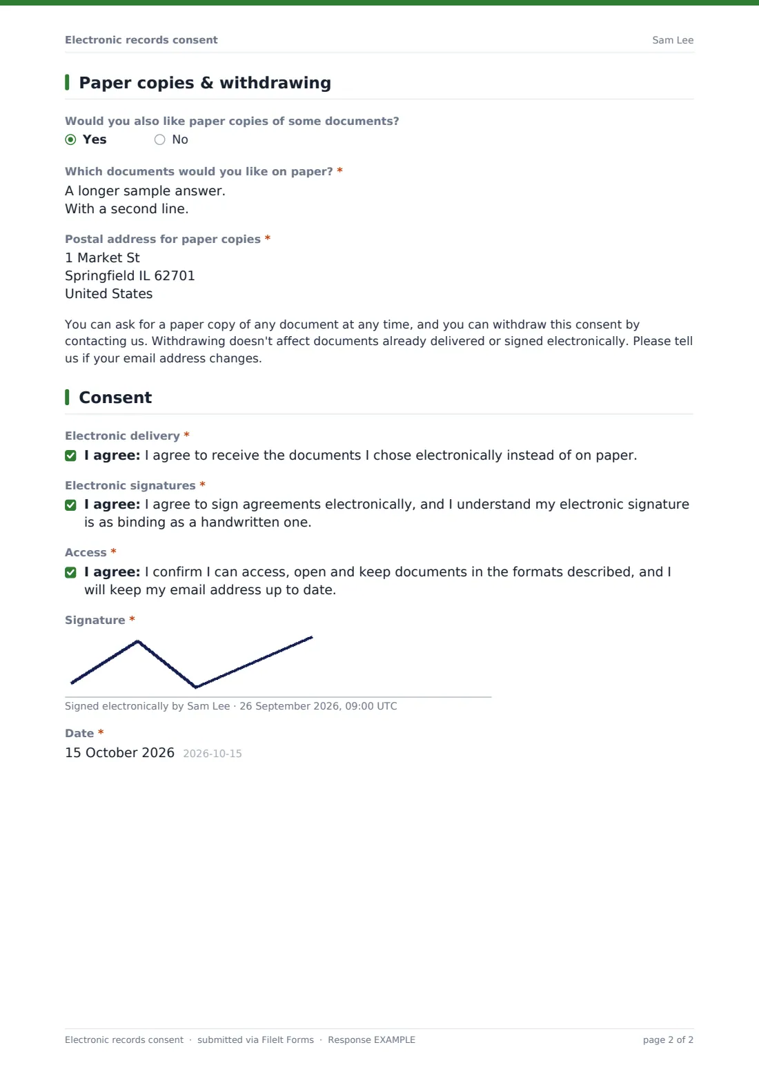 Electronic records consent — example response PDF, page 2 of 2