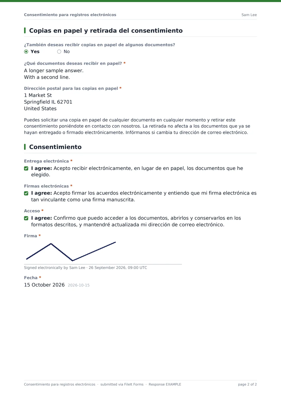 Consentimiento para registros electrónicos — PDF de respuesta de ejemplo, página 2 de 2