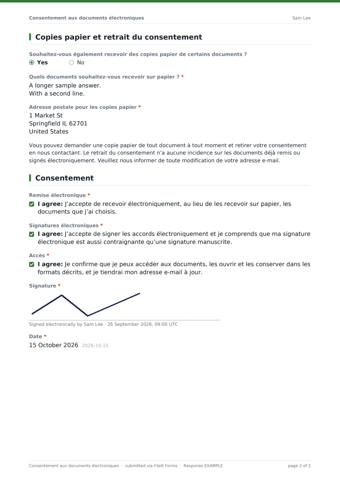 Consentement aux documents électroniques — exemple de réponse au format PDF, page 2 sur 2