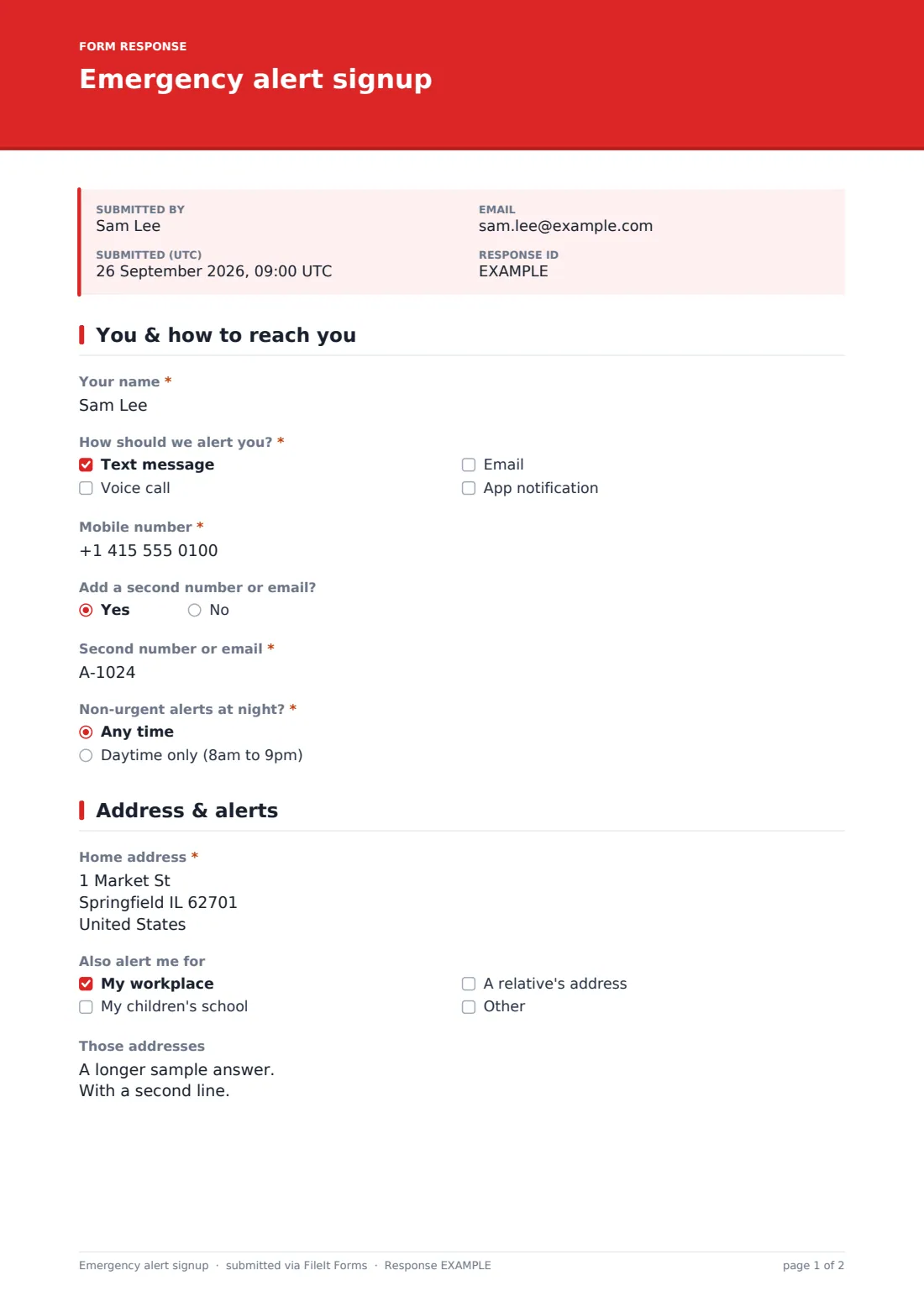 Emergency alert signup — example response PDF, page 1 of 2