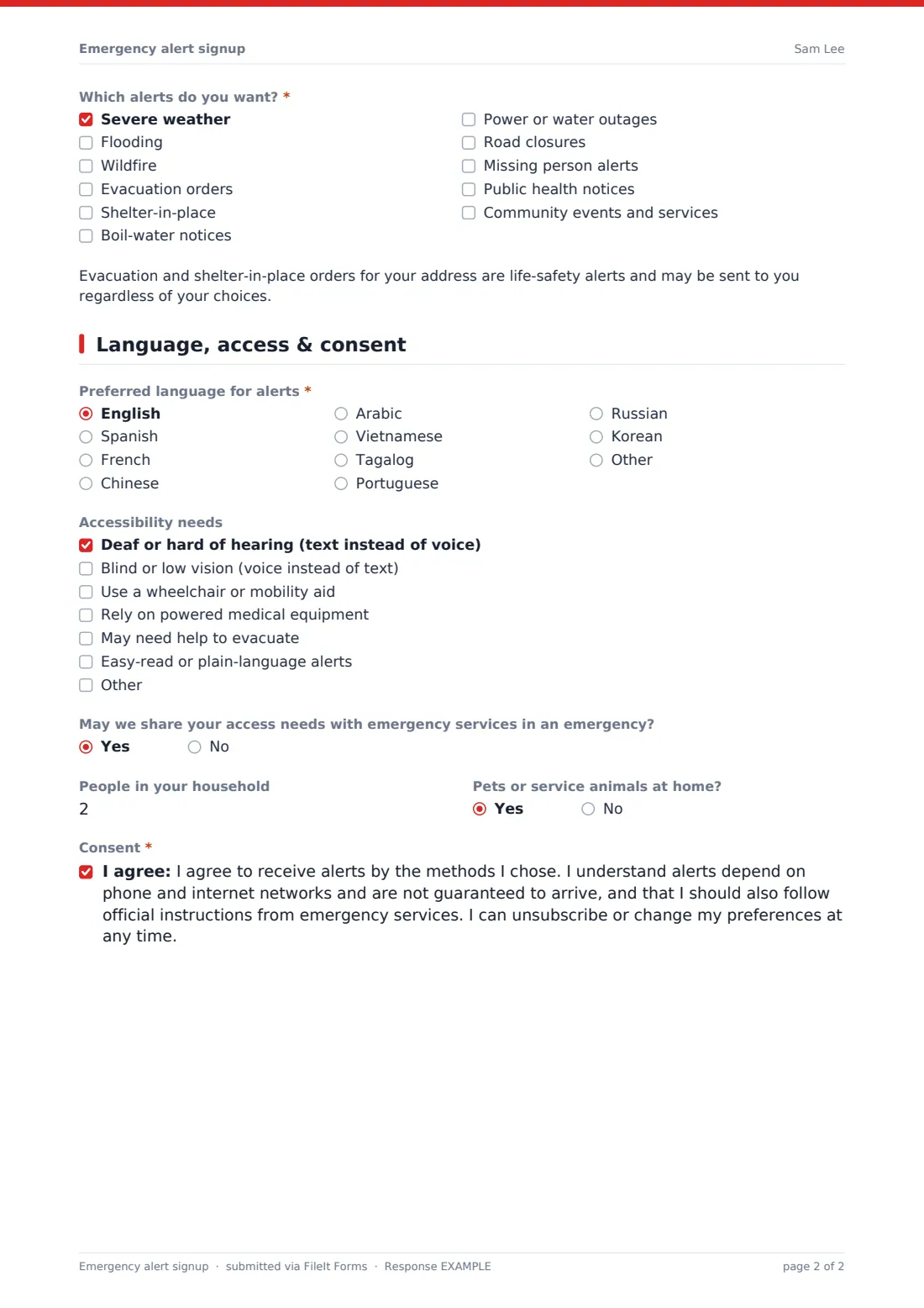Emergency alert signup — example response PDF, page 2 of 2