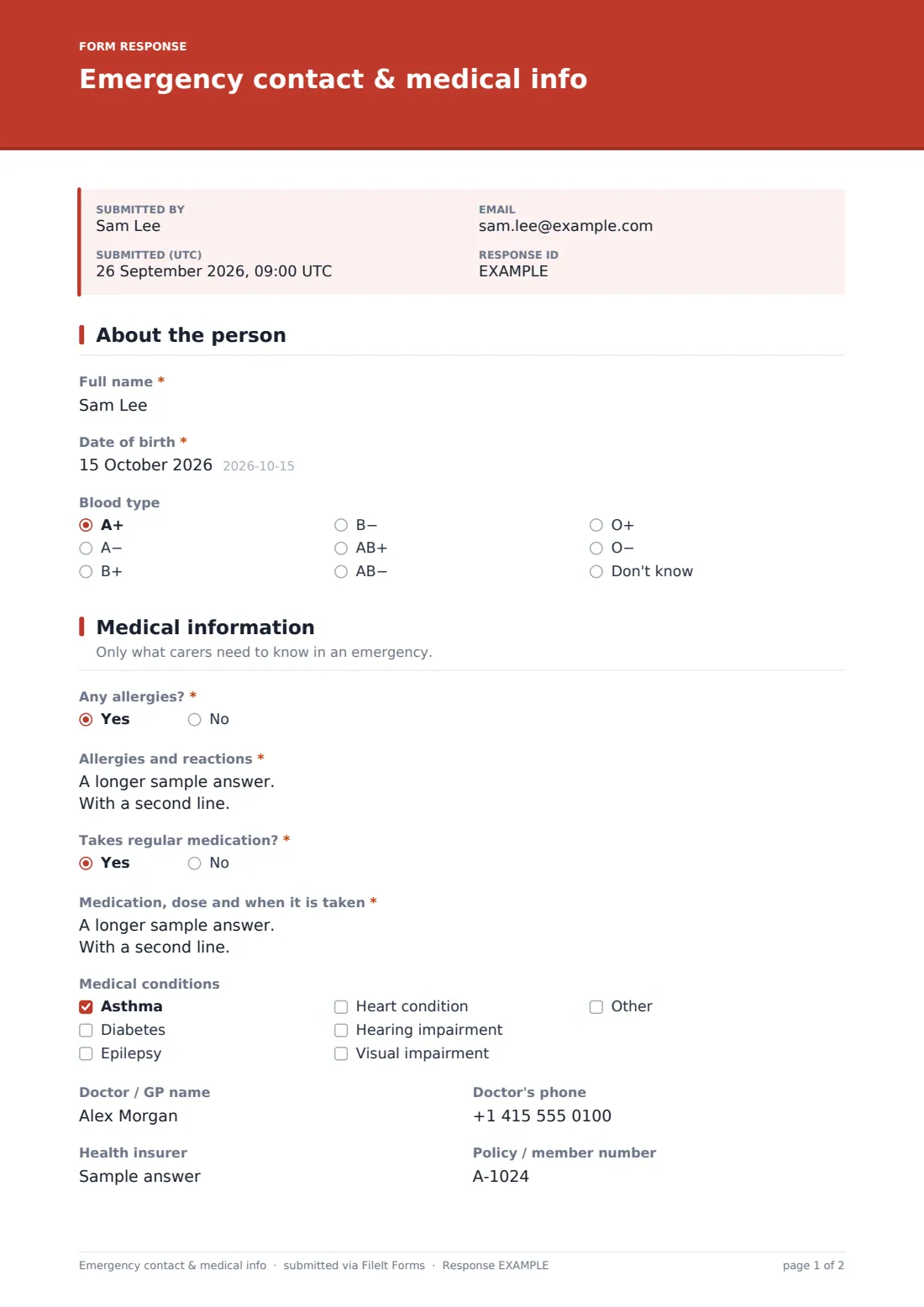 Emergency contact & medical info — example response PDF, page 1 of 2