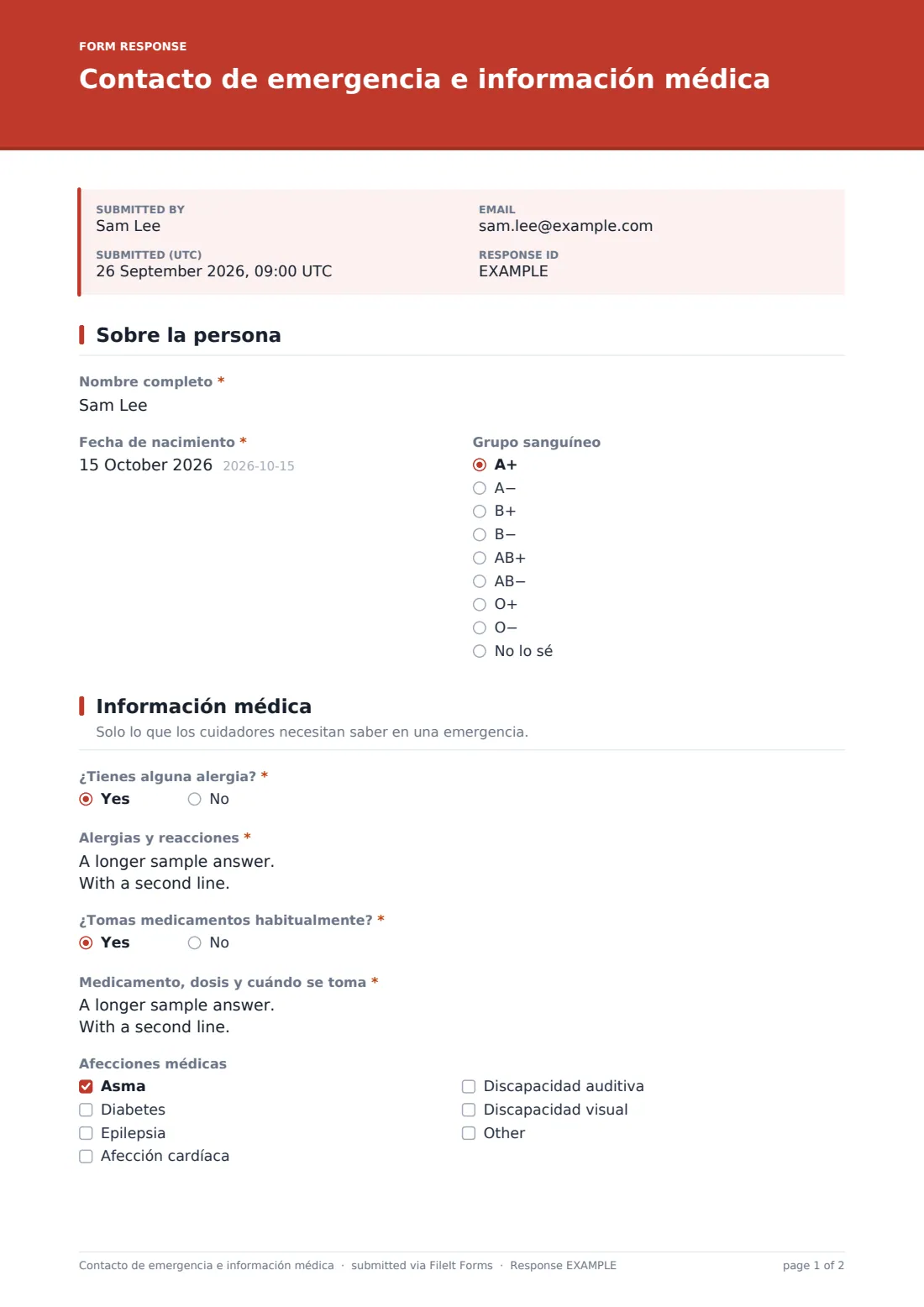 Contacto de emergencia e información médica — PDF de respuesta de ejemplo, página 1 de 2