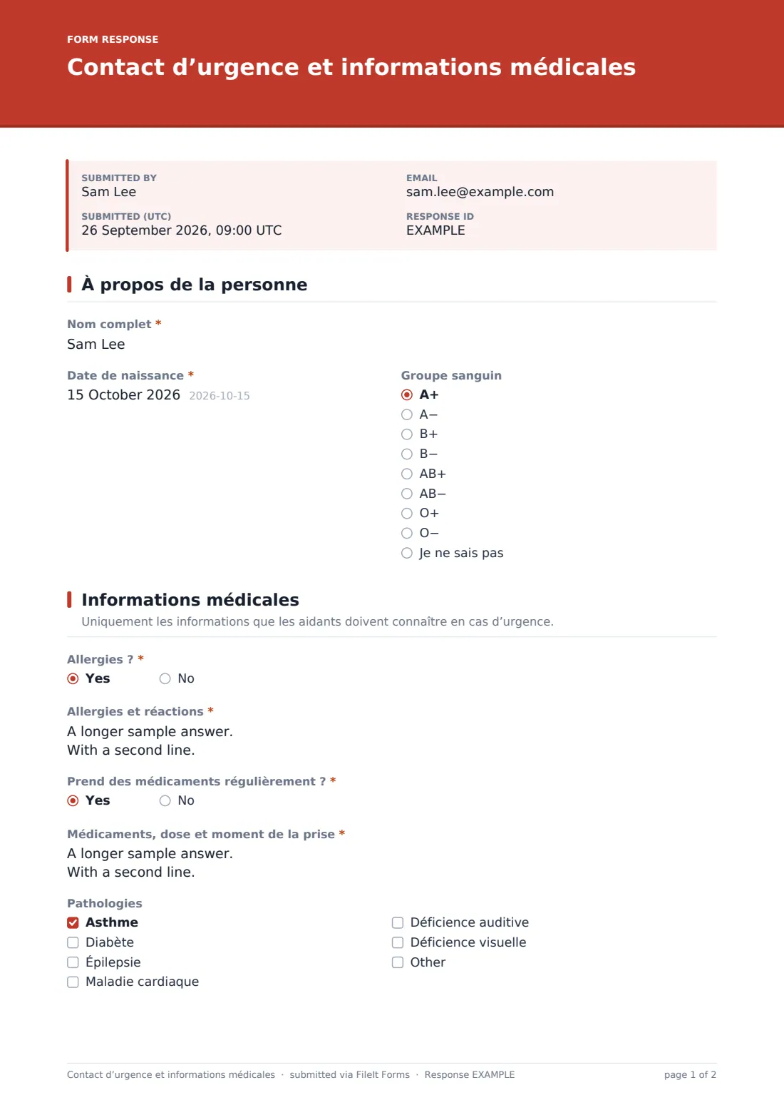 Contact d’urgence et informations médicales — exemple de réponse au format PDF, page 1 sur 2