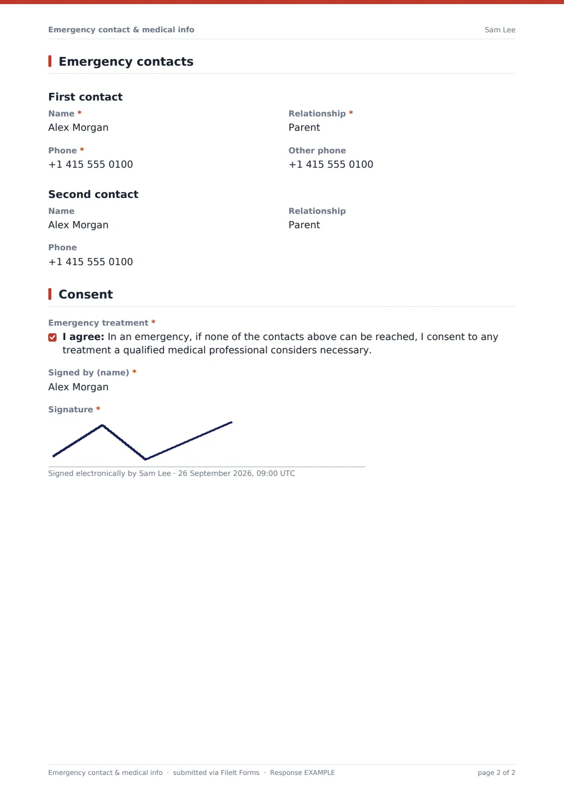 Emergency contact & medical info — example response PDF, page 2 of 2