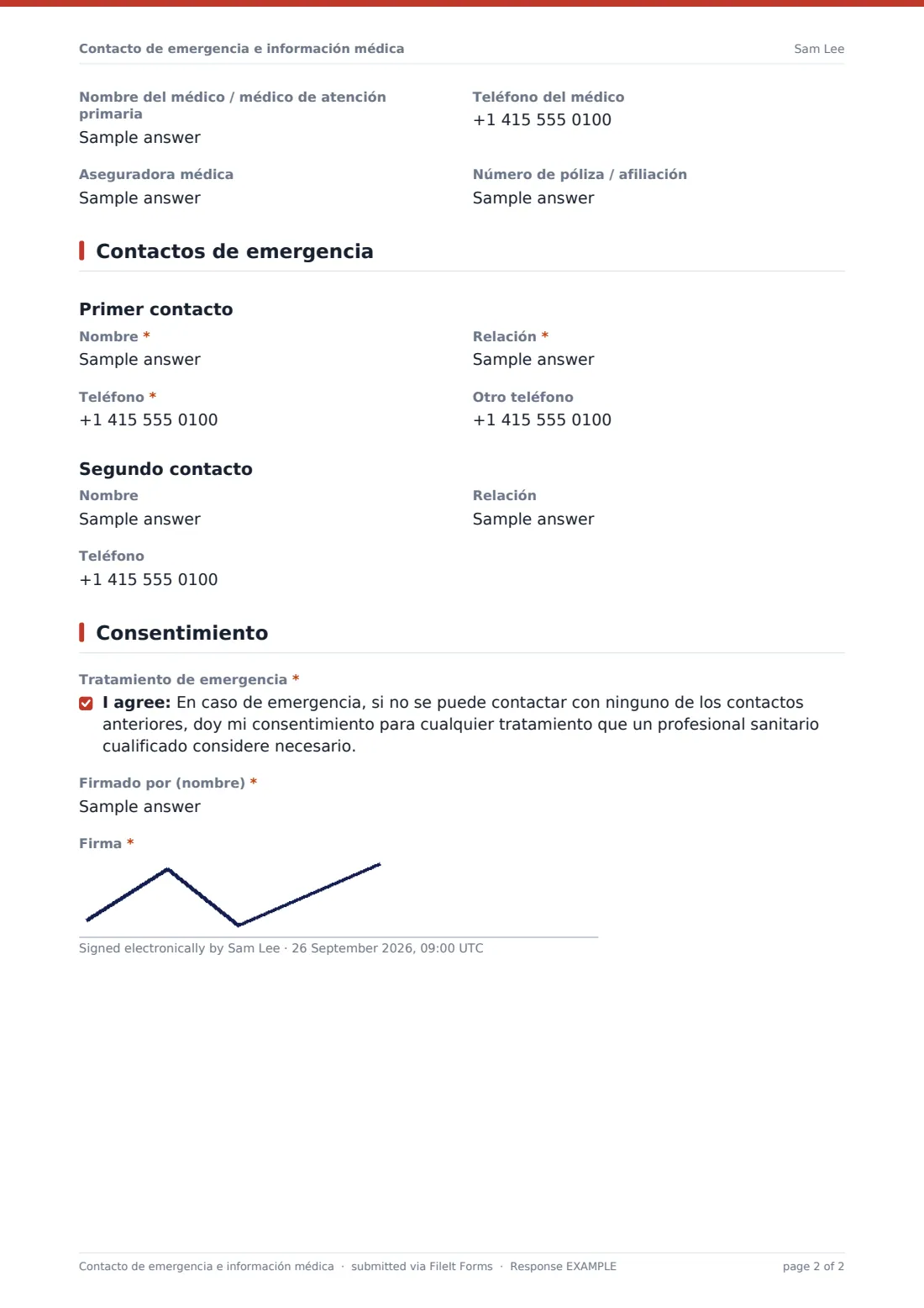 Contacto de emergencia e información médica — PDF de respuesta de ejemplo, página 2 de 2
