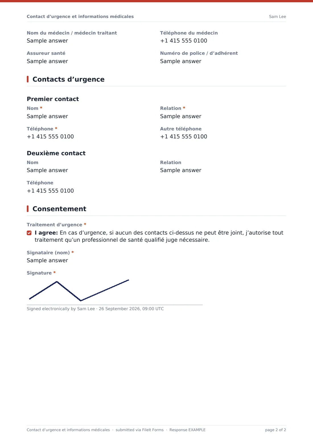 Contact d’urgence et informations médicales — exemple de réponse au format PDF, page 2 sur 2