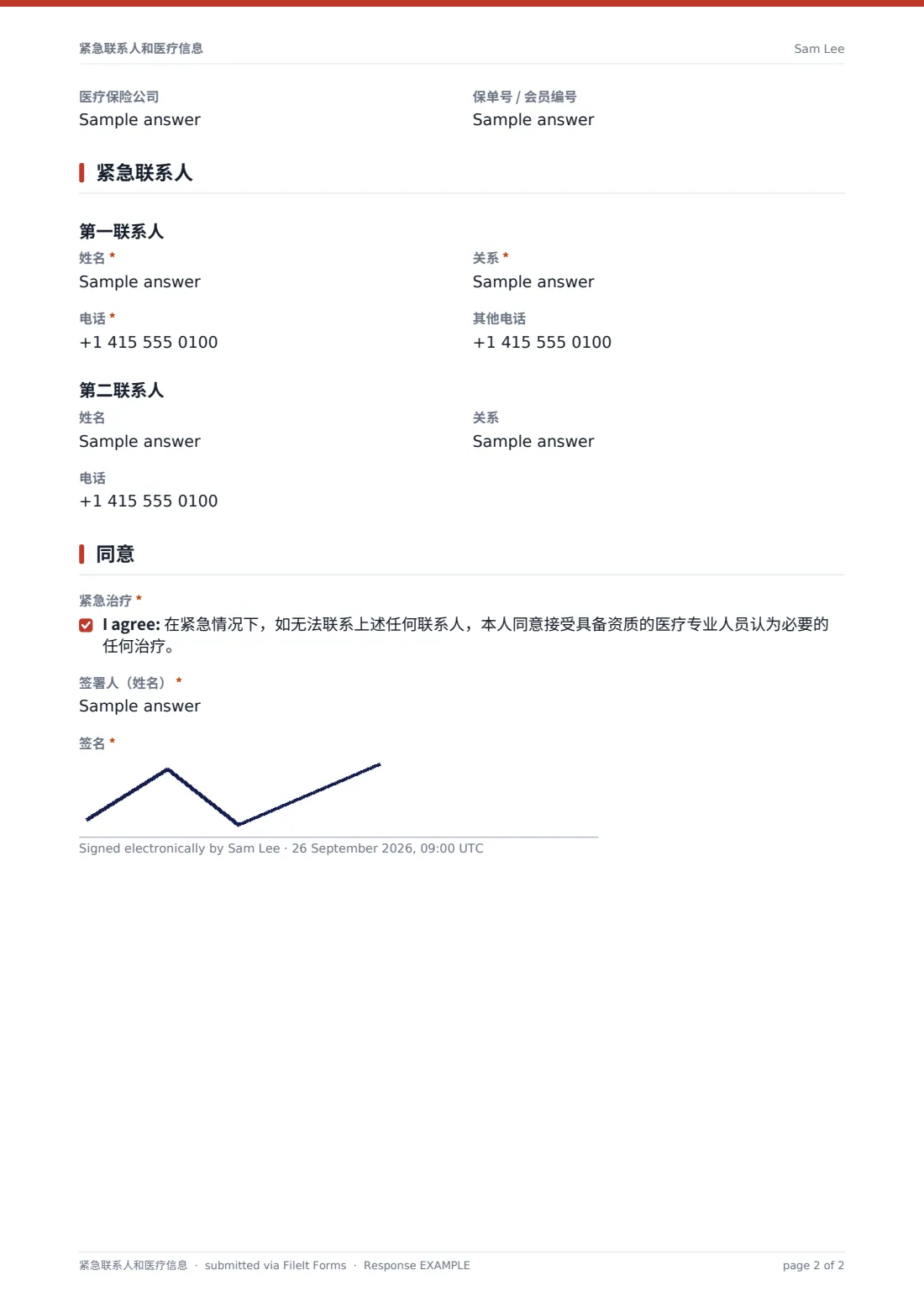 紧急联系人和医疗信息 — 示例回复 PDF，第 2 页，共 2 页