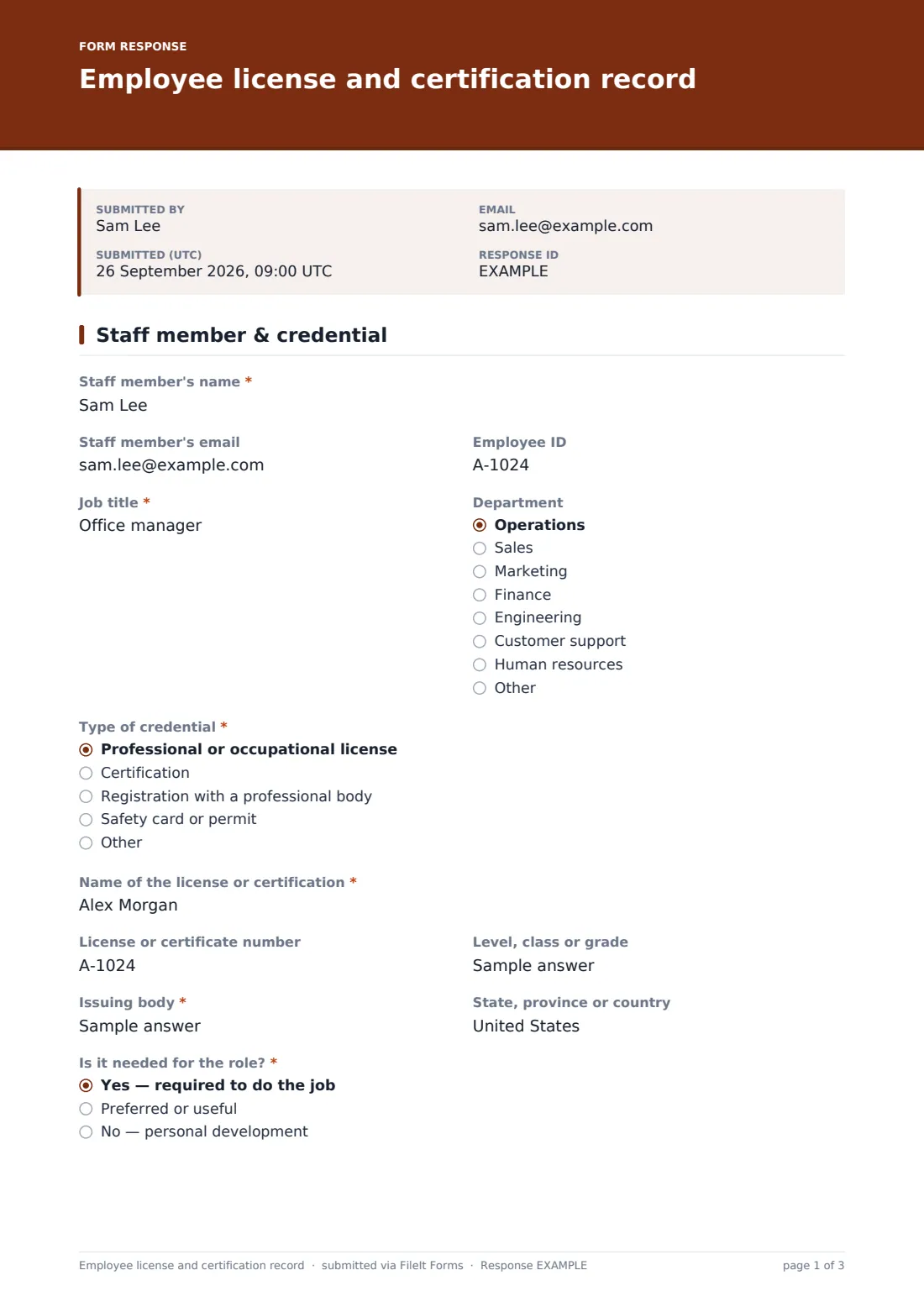 Employee license and certification record — example response PDF, page 1 of 3