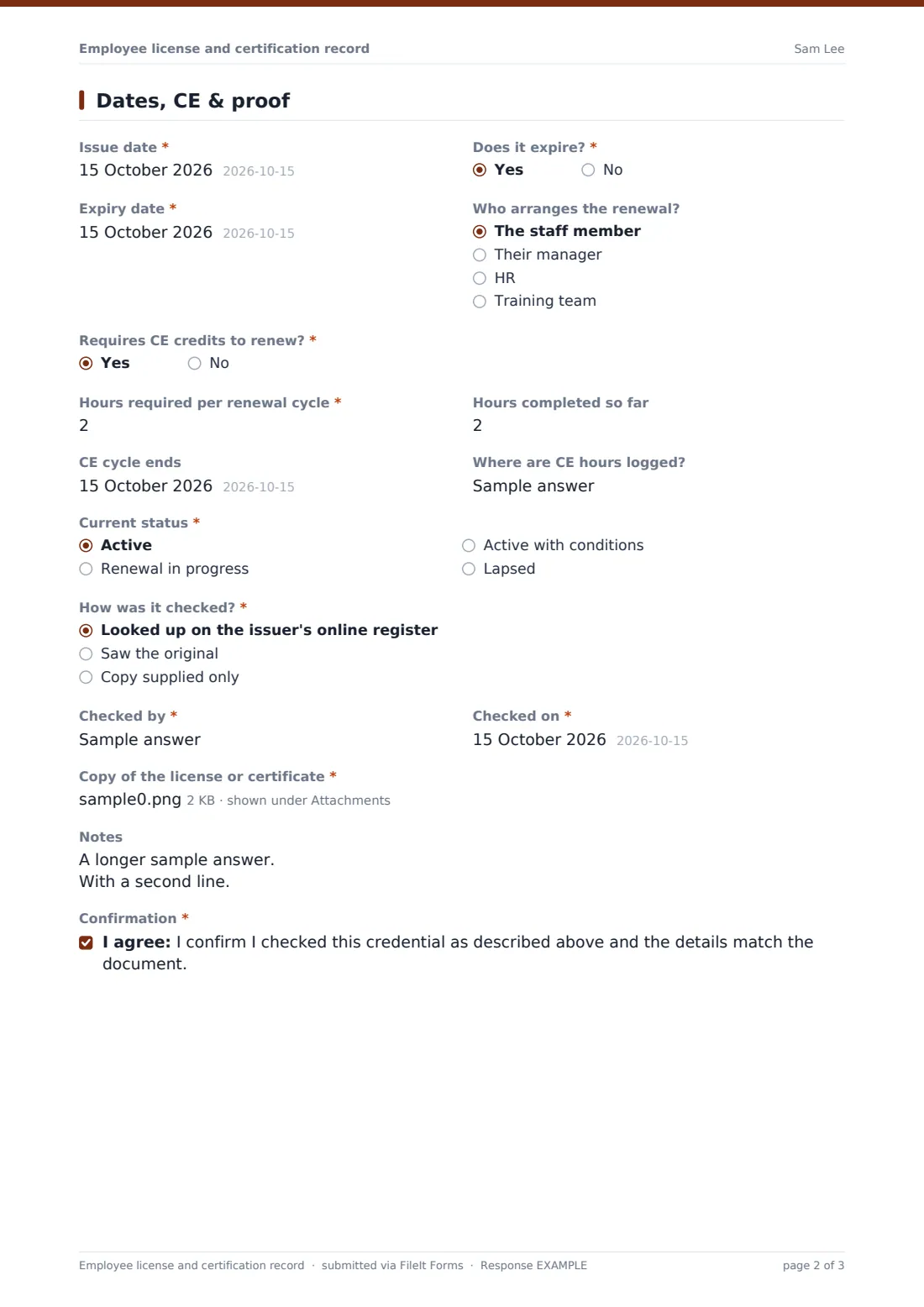 Employee license and certification record — example response PDF, page 2 of 3