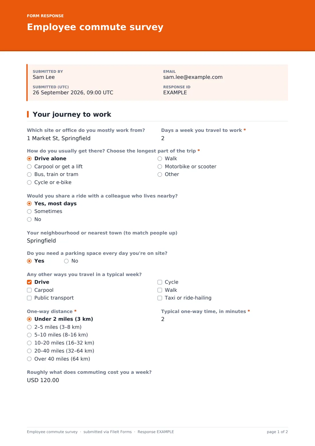 Employee commute survey — example response PDF, page 1 of 2