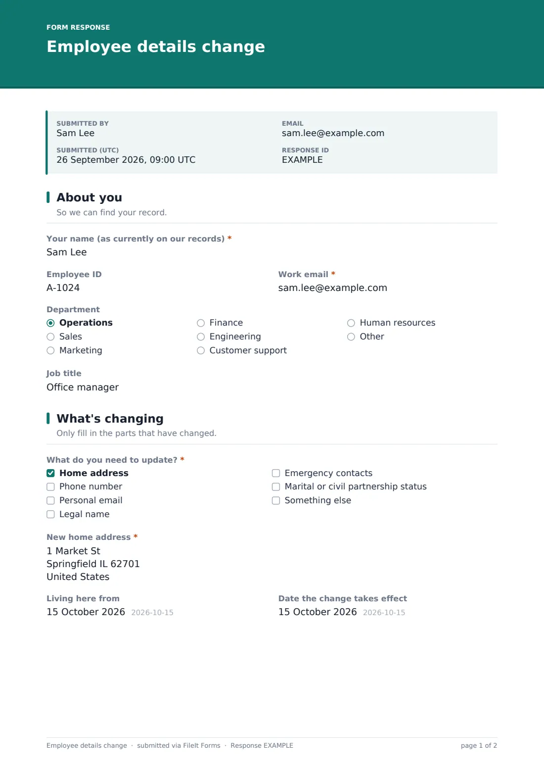 Employee details change — example response PDF, page 1 of 2