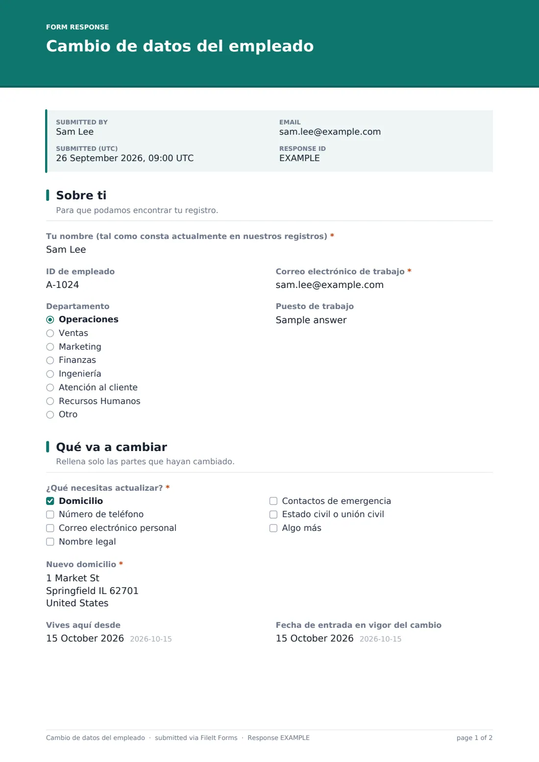 Cambio de datos del empleado — PDF de respuesta de ejemplo, página 1 de 2