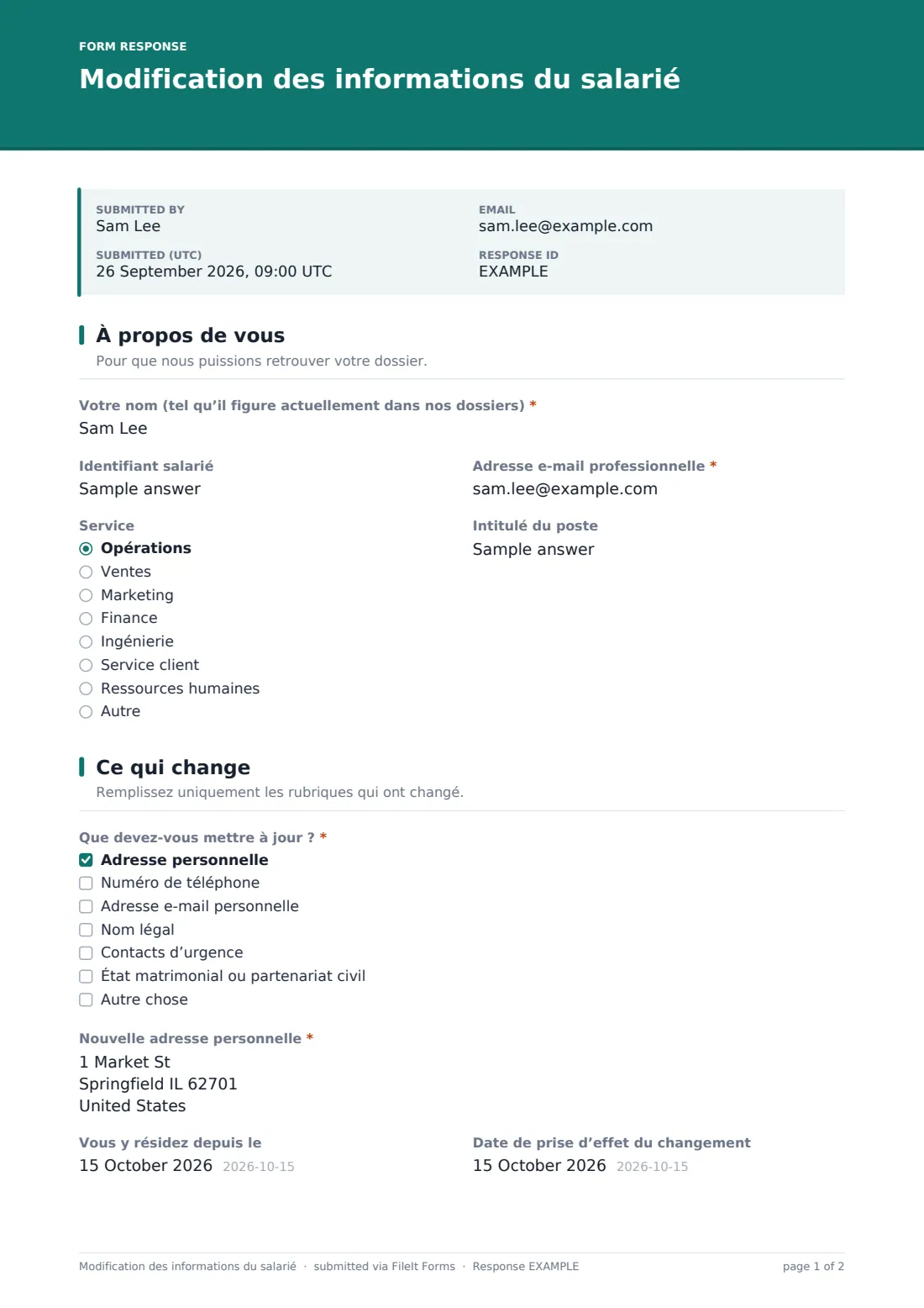 Modification des informations du salarié — exemple de réponse au format PDF, page 1 sur 2