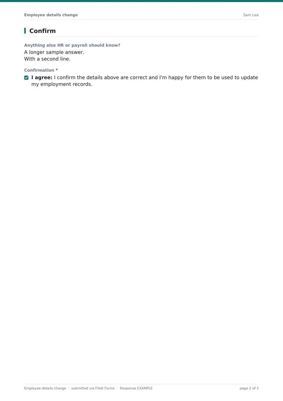 Employee details change — example response PDF, page 2 of 2