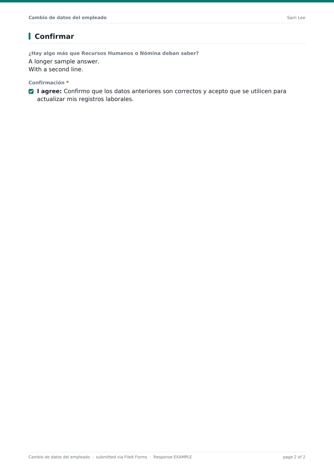 Cambio de datos del empleado — PDF de respuesta de ejemplo, página 2 de 2
