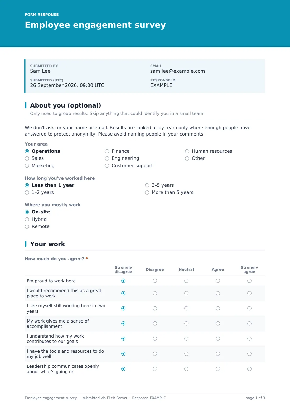Employee engagement survey — example response PDF, page 1 of 3