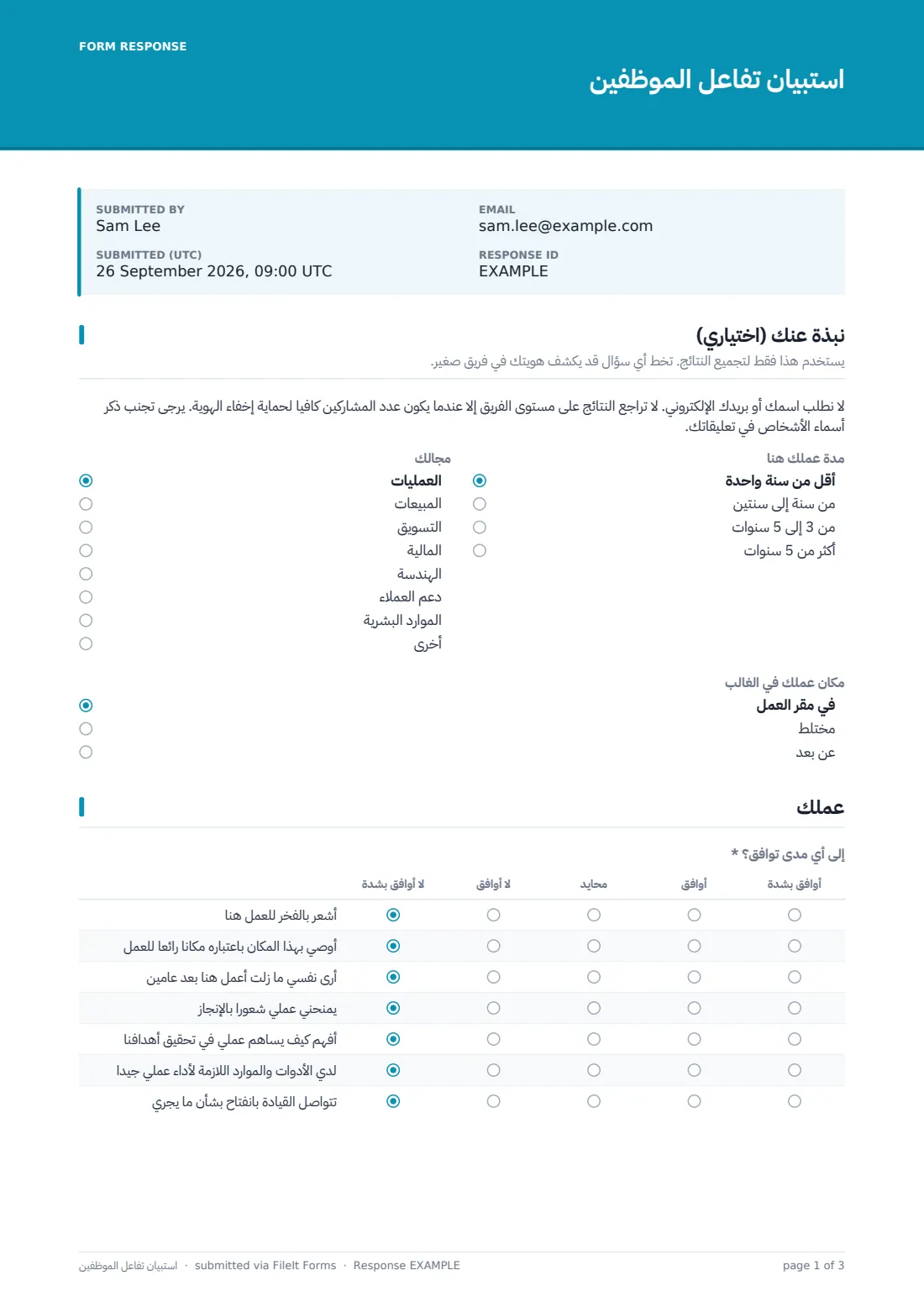 استبيان تفاعل الموظفين — ملف PDF لرد نموذجي، الصفحة 1 من 3