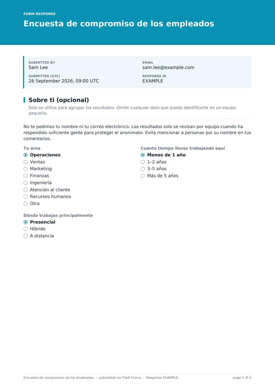 Encuesta de compromiso de los empleados — PDF de respuesta de ejemplo, página 1 de 4
