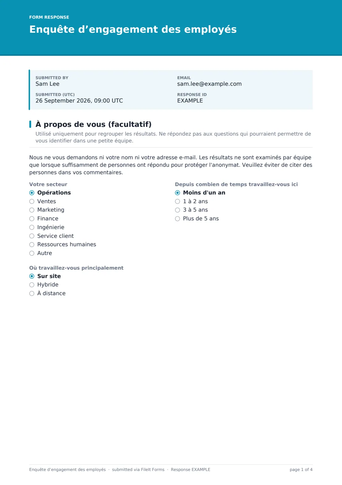 Enquête d’engagement des employés — exemple de réponse au format PDF, page 1 sur 4