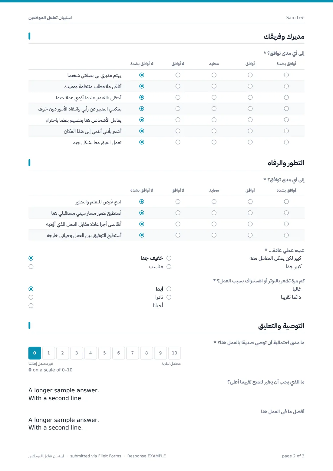 استبيان تفاعل الموظفين — ملف PDF لرد نموذجي، الصفحة 2 من 3