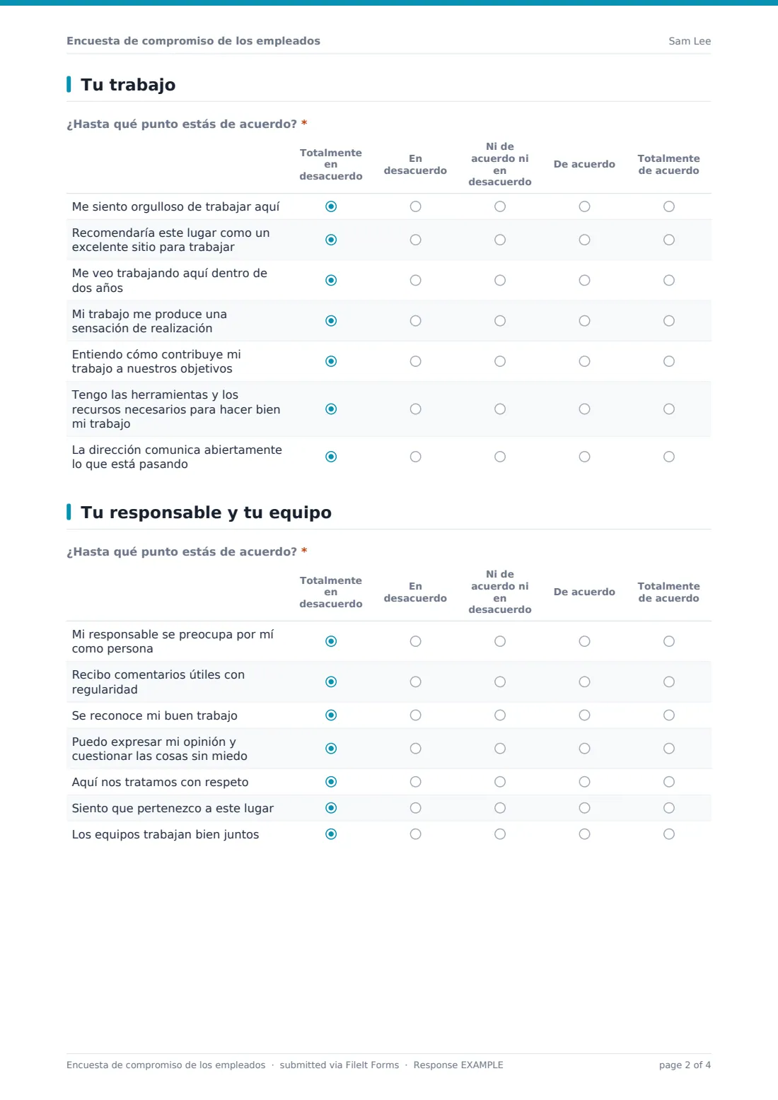 Encuesta de compromiso de los empleados — PDF de respuesta de ejemplo, página 2 de 4