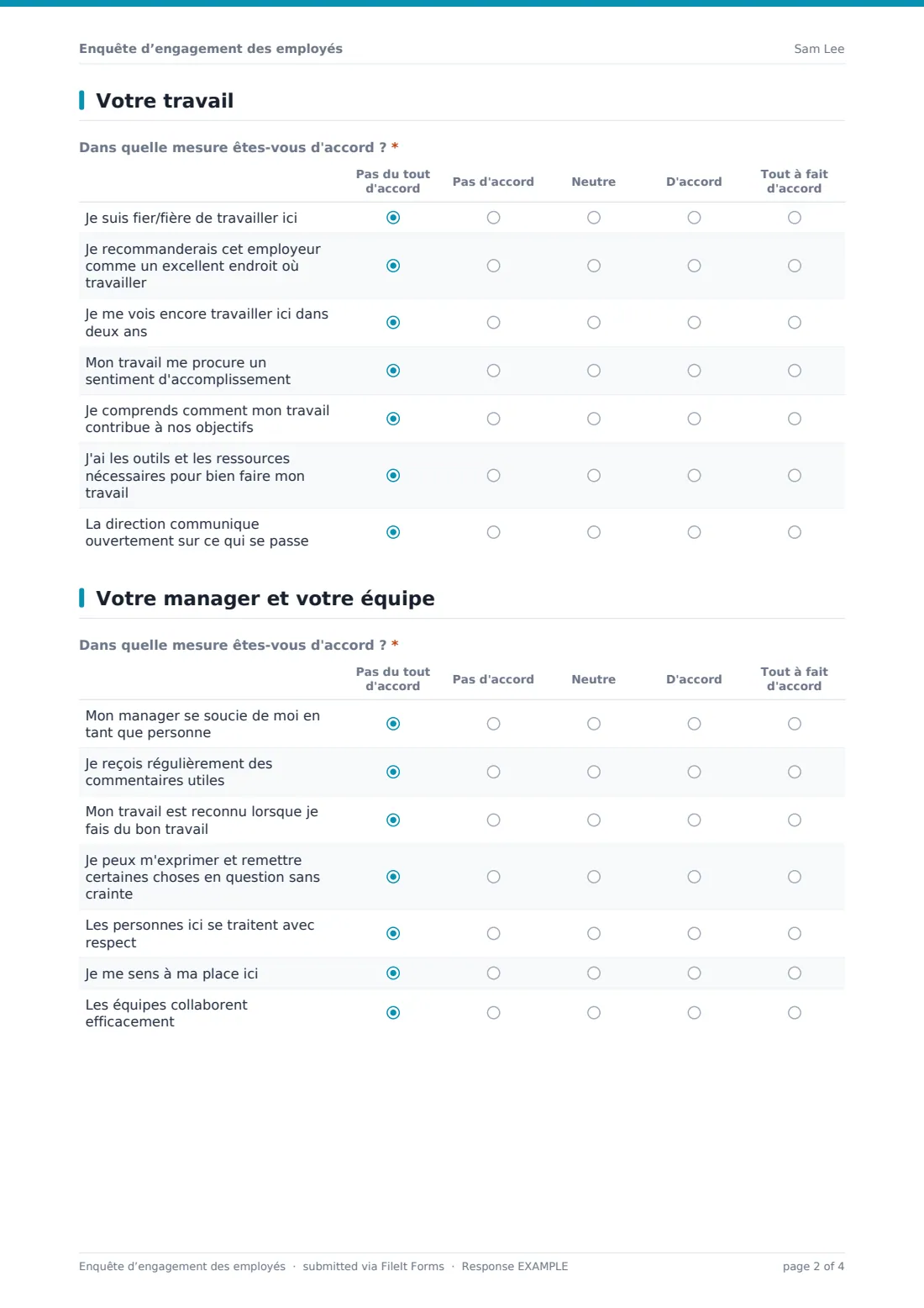Enquête d’engagement des employés — exemple de réponse au format PDF, page 2 sur 4
