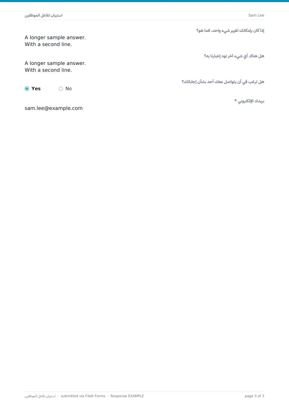 استبيان تفاعل الموظفين — ملف PDF لرد نموذجي، الصفحة 3 من 3