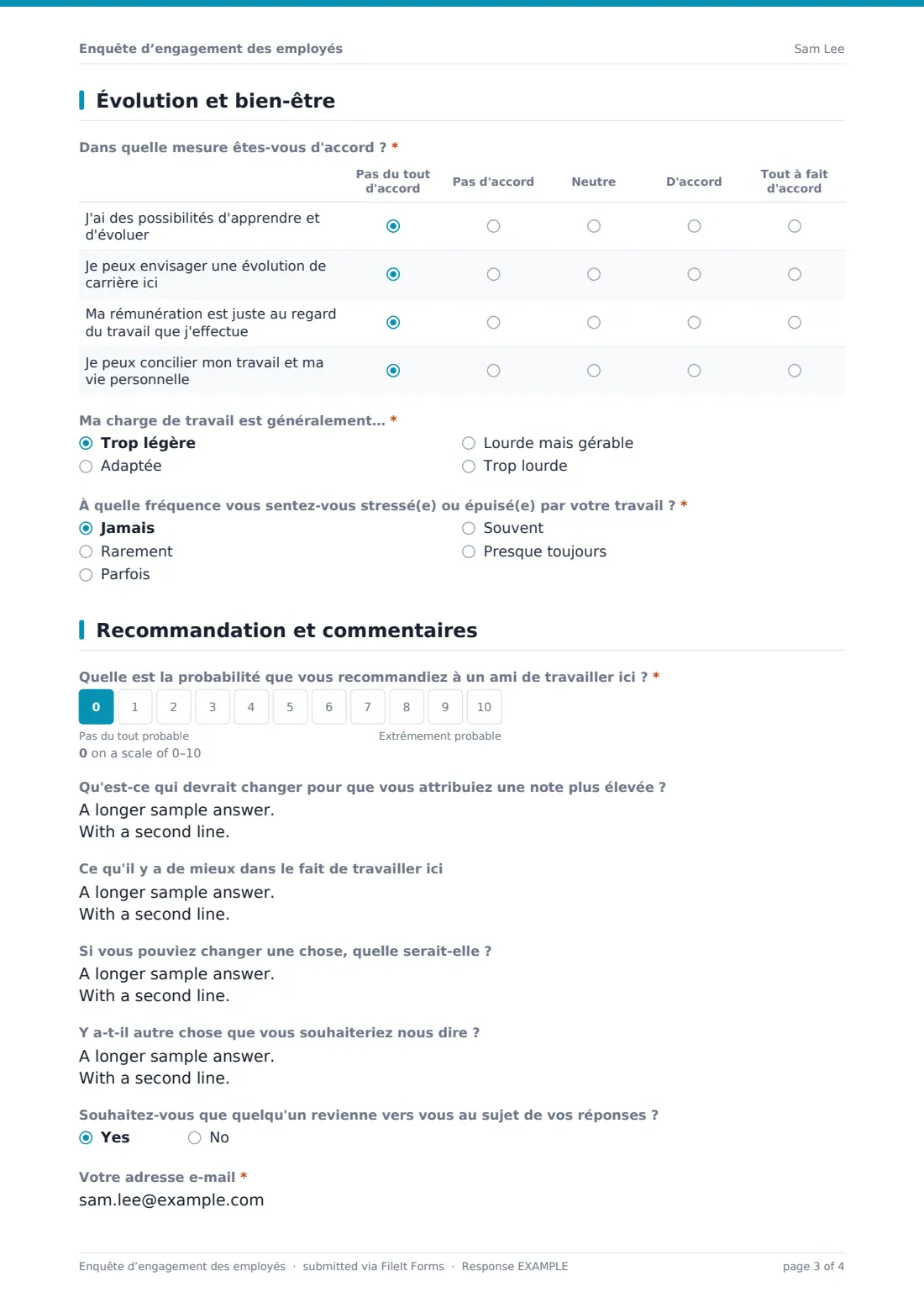 Enquête d’engagement des employés — exemple de réponse au format PDF, page 3 sur 4