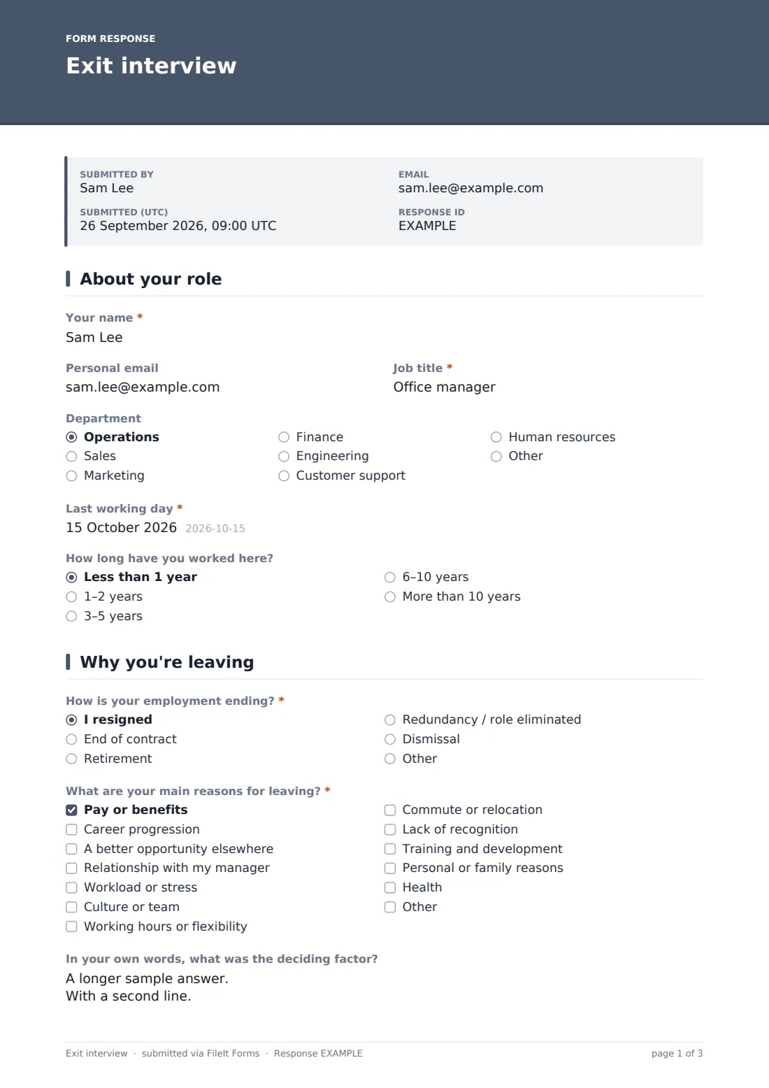 Exit interview — example response PDF, page 1 of 3
