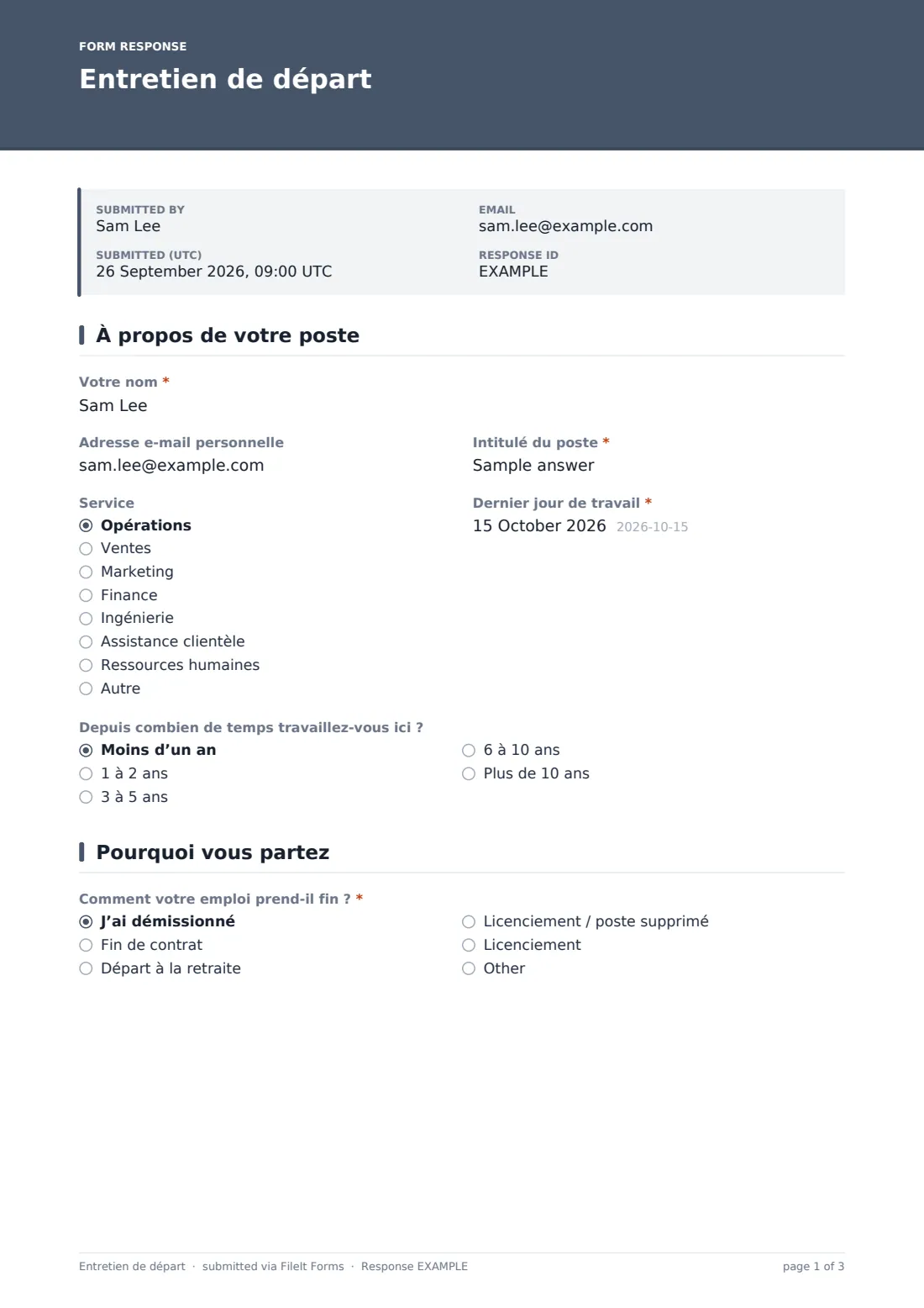 Entretien de départ — exemple de réponse au format PDF, page 1 sur 3