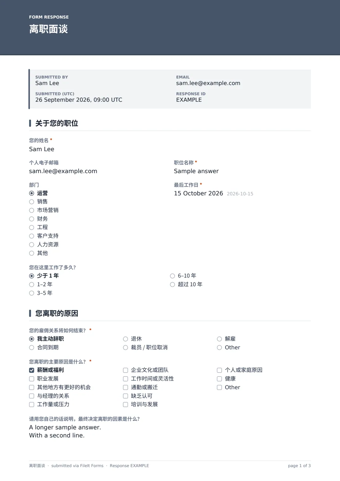 离职面谈 — 示例回复 PDF，第 1 页，共 3 页
