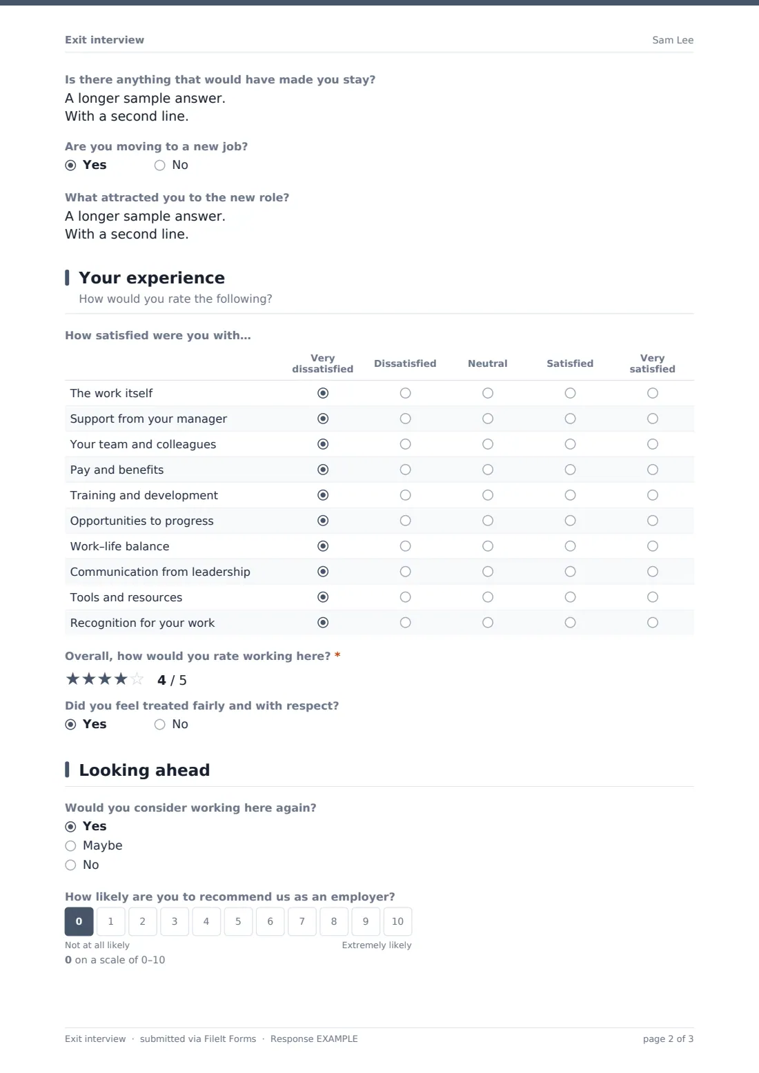 Exit interview — example response PDF, page 2 of 3