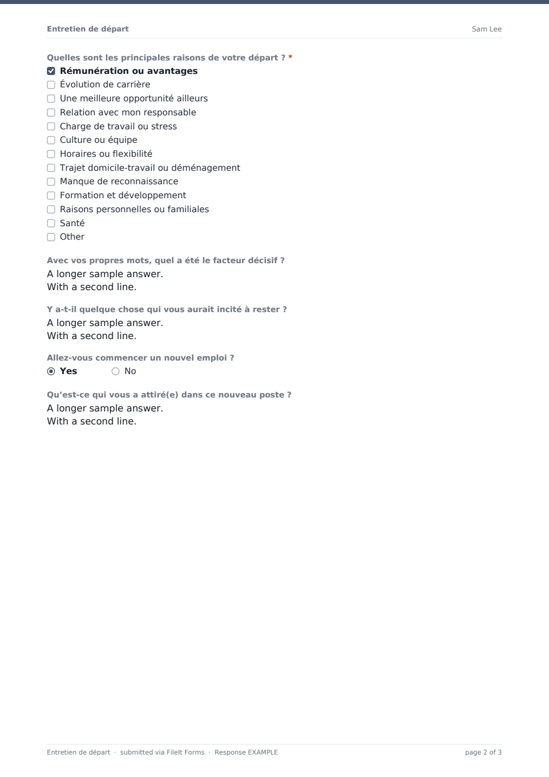 Entretien de départ — exemple de réponse au format PDF, page 2 sur 3