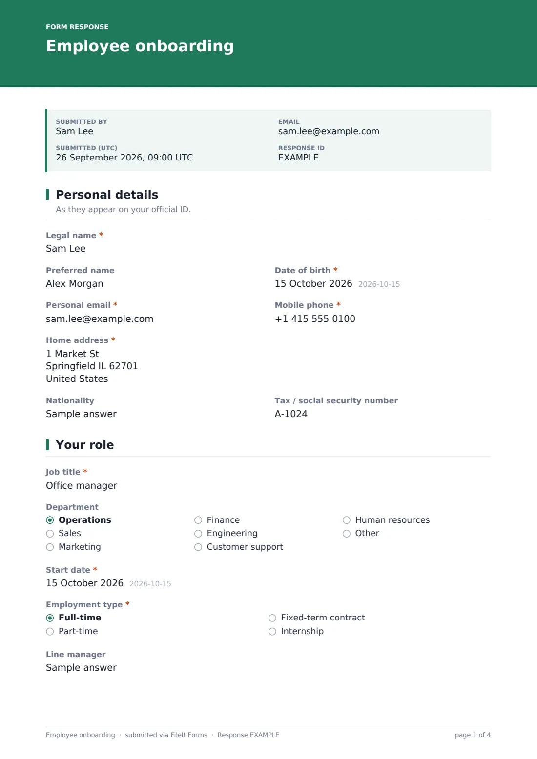 Employee onboarding — example response PDF, page 1 of 4