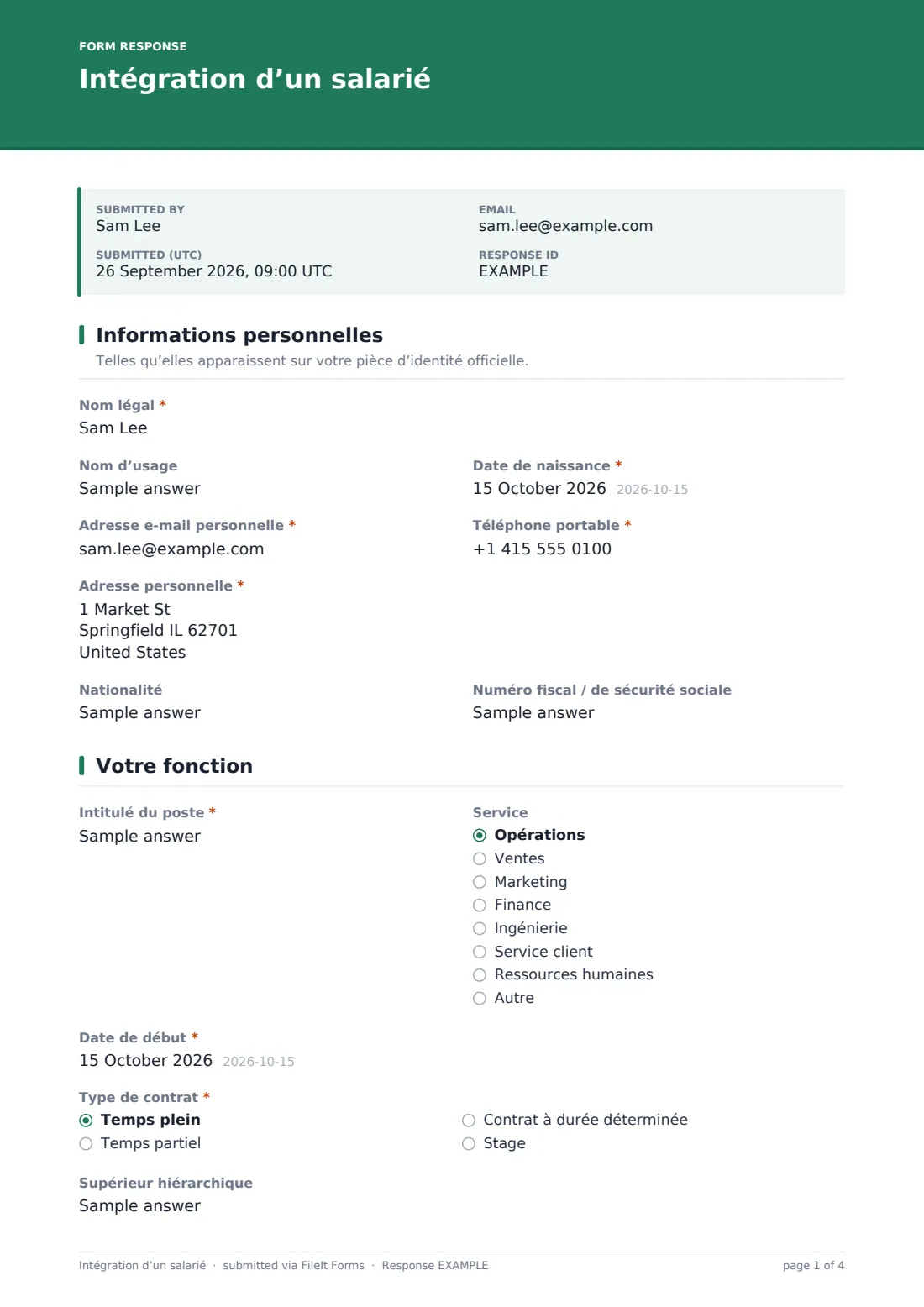 Intégration d’un salarié — exemple de réponse au format PDF, page 1 sur 4