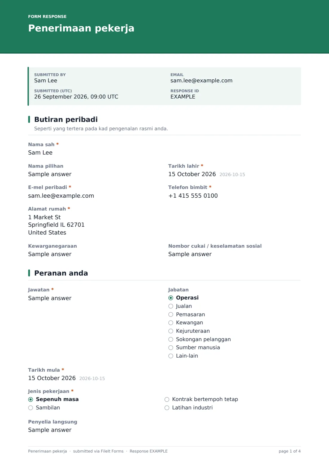 Penerimaan pekerja — PDF respons contoh, halaman 1 daripada 4