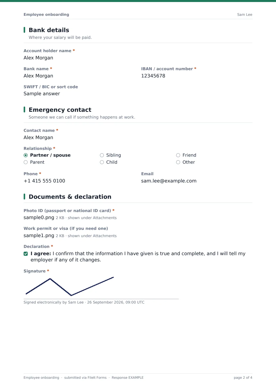 Employee onboarding — example response PDF, page 2 of 4