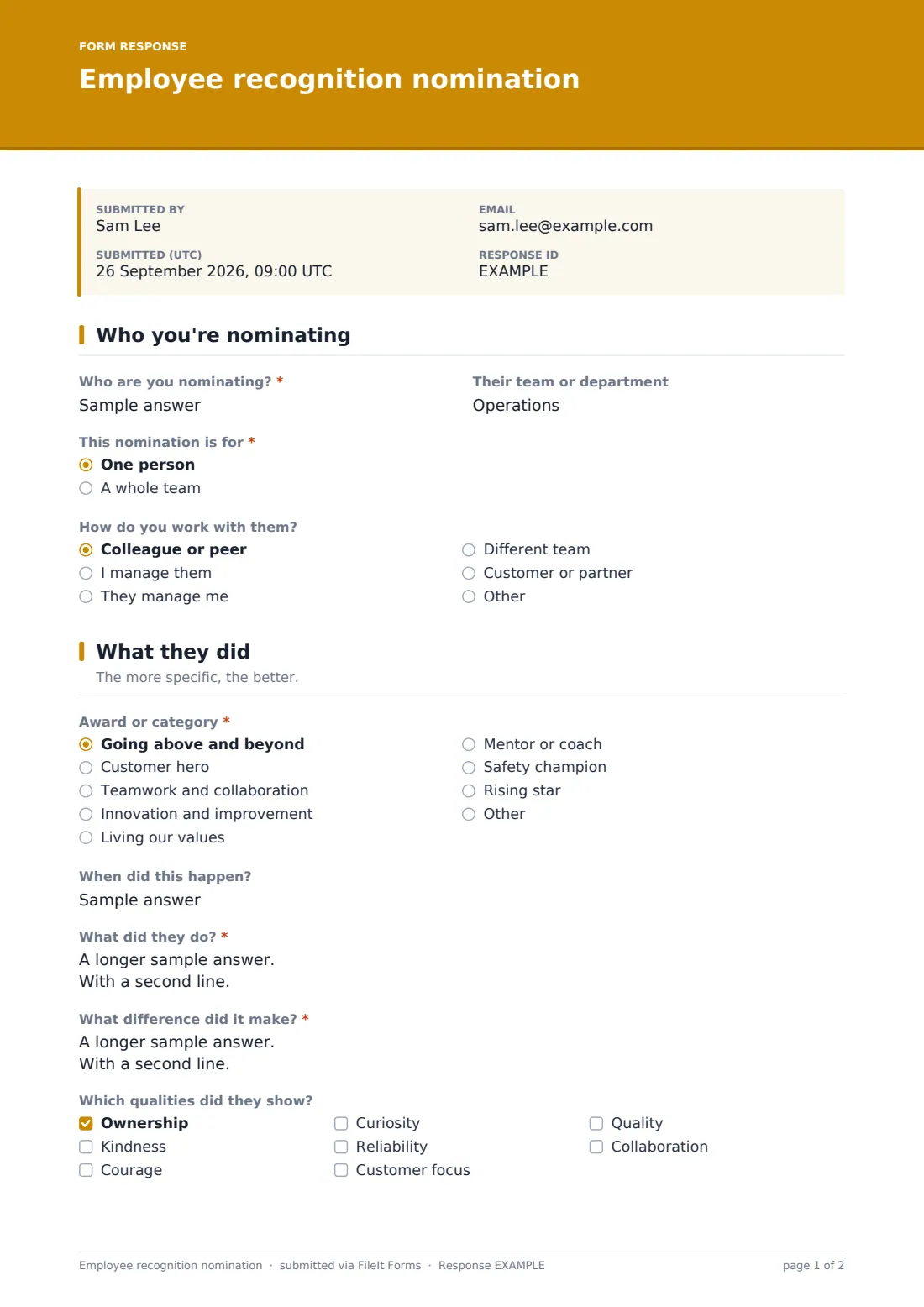 Employee recognition nomination — example response PDF, page 1 of 2